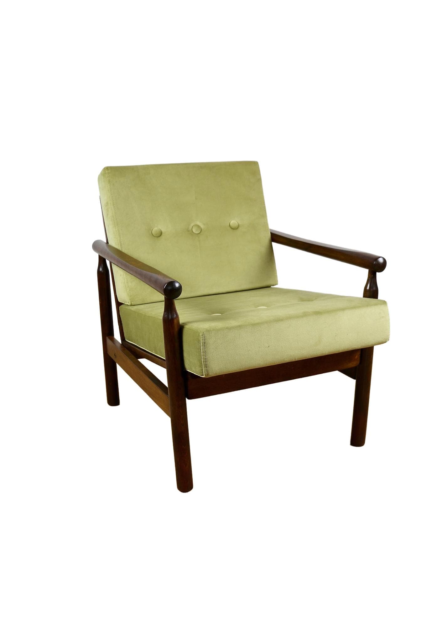 Fotel Stobrawa, velvet oliwkowy, buk brązowy, proj. Z. Bączyk, Polska, lata 70.