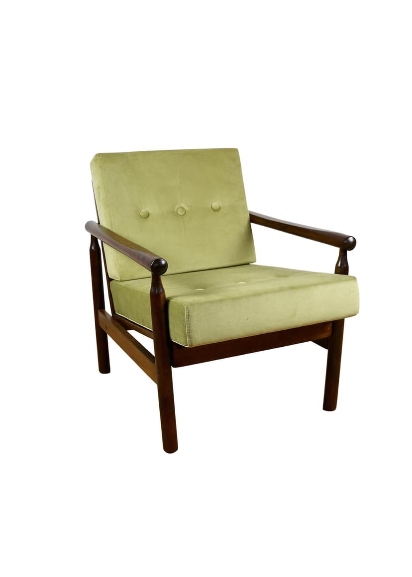 Fotel Stobrawa, velvet oliwkowy, buk brązowy, proj. Z. Bączyk, Polska, lata 70.