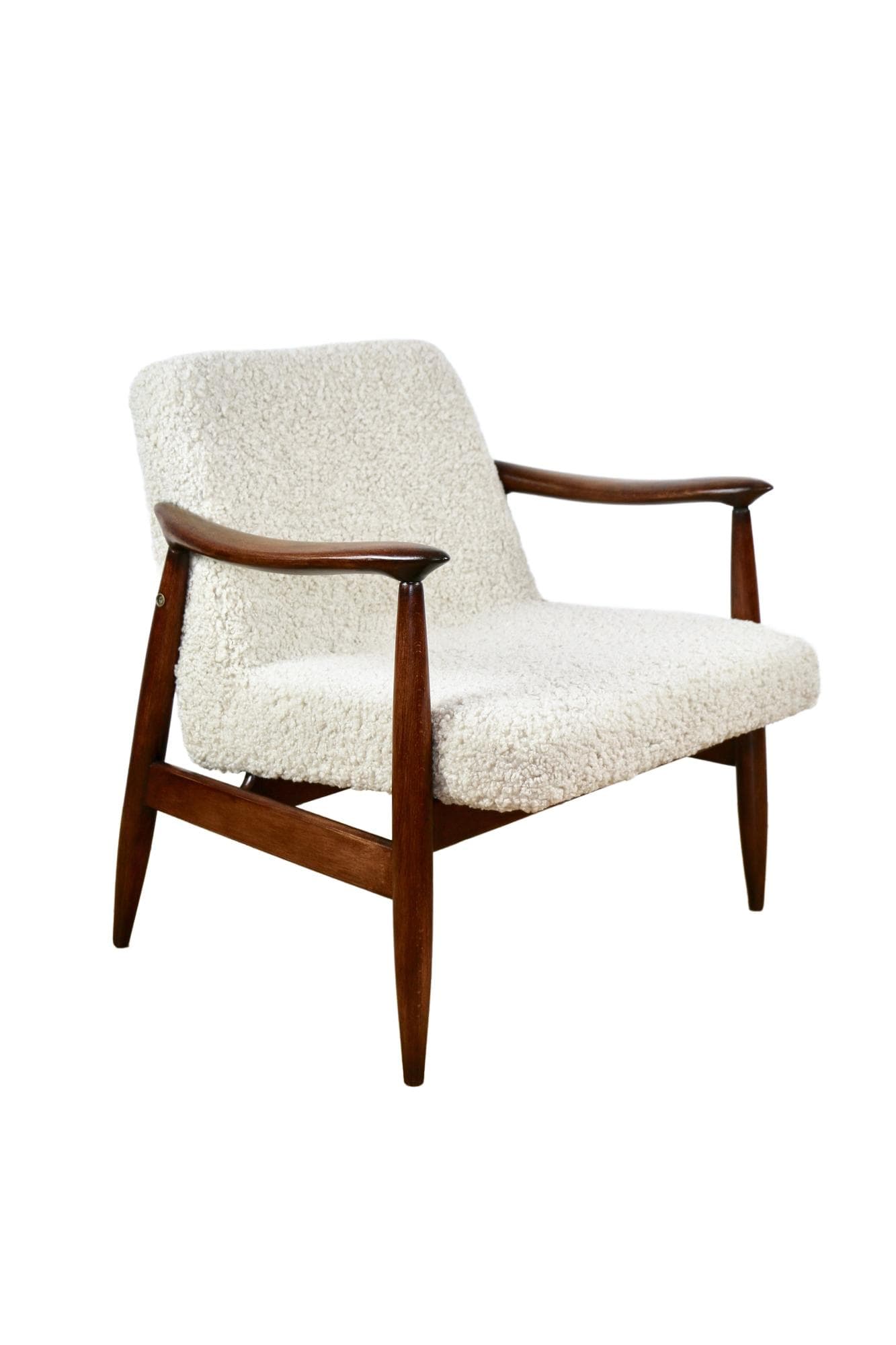 Fotel GFM 300-202, boucle beżowy, drewno brązowy, proj. J. Kędziorek, Polska, lata 70.