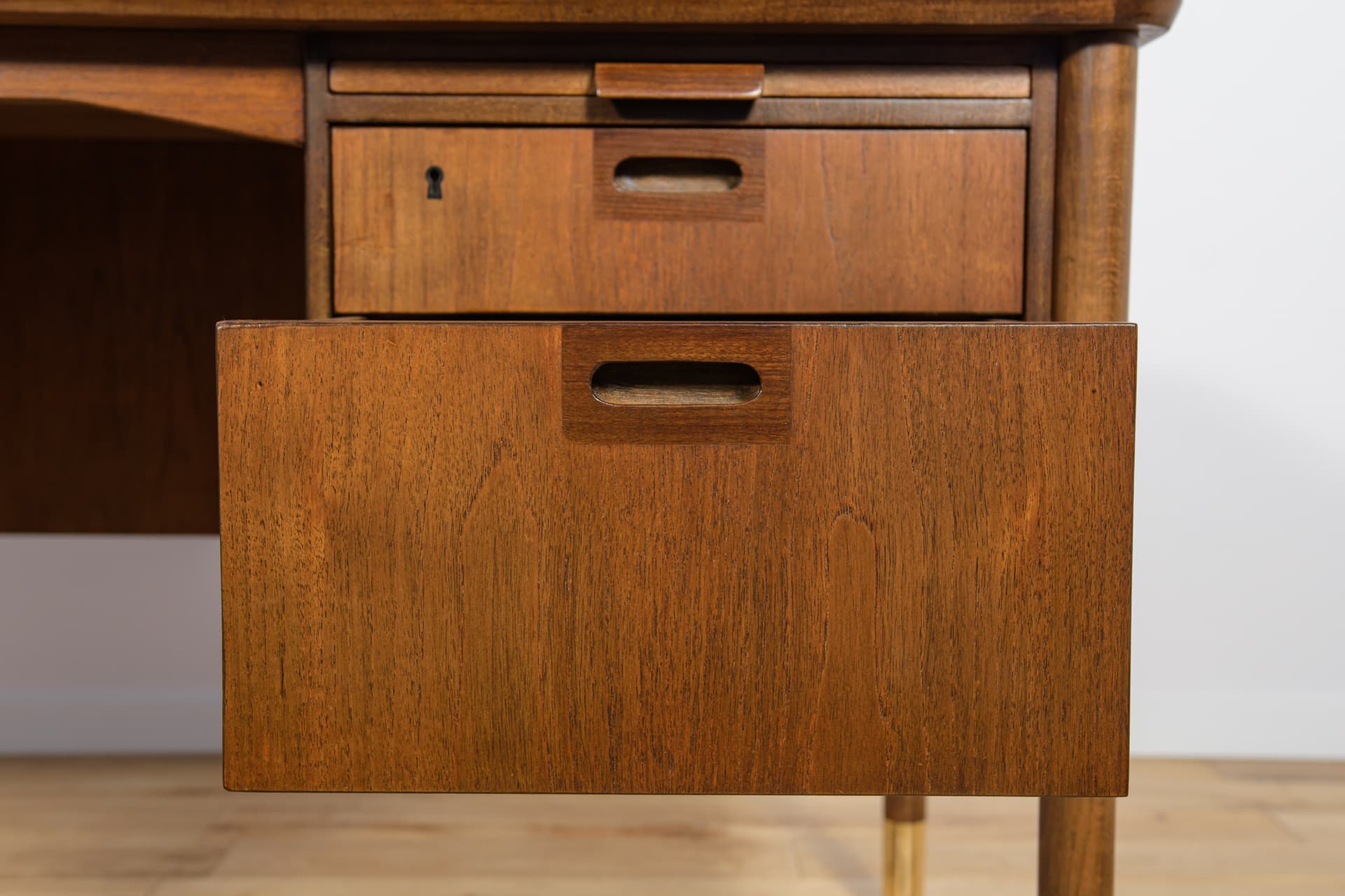 Desk, brown walnut, gold brass, by S. Blomberg, Sweden, 1960s. - 292247