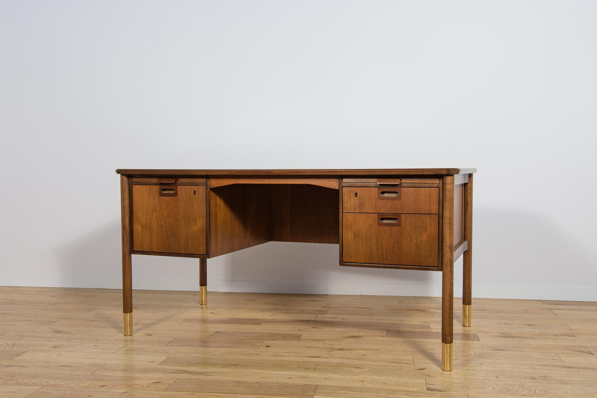 Desk, brown walnut, gold brass, by S. Blomberg, Sweden, 1960s. - 292239