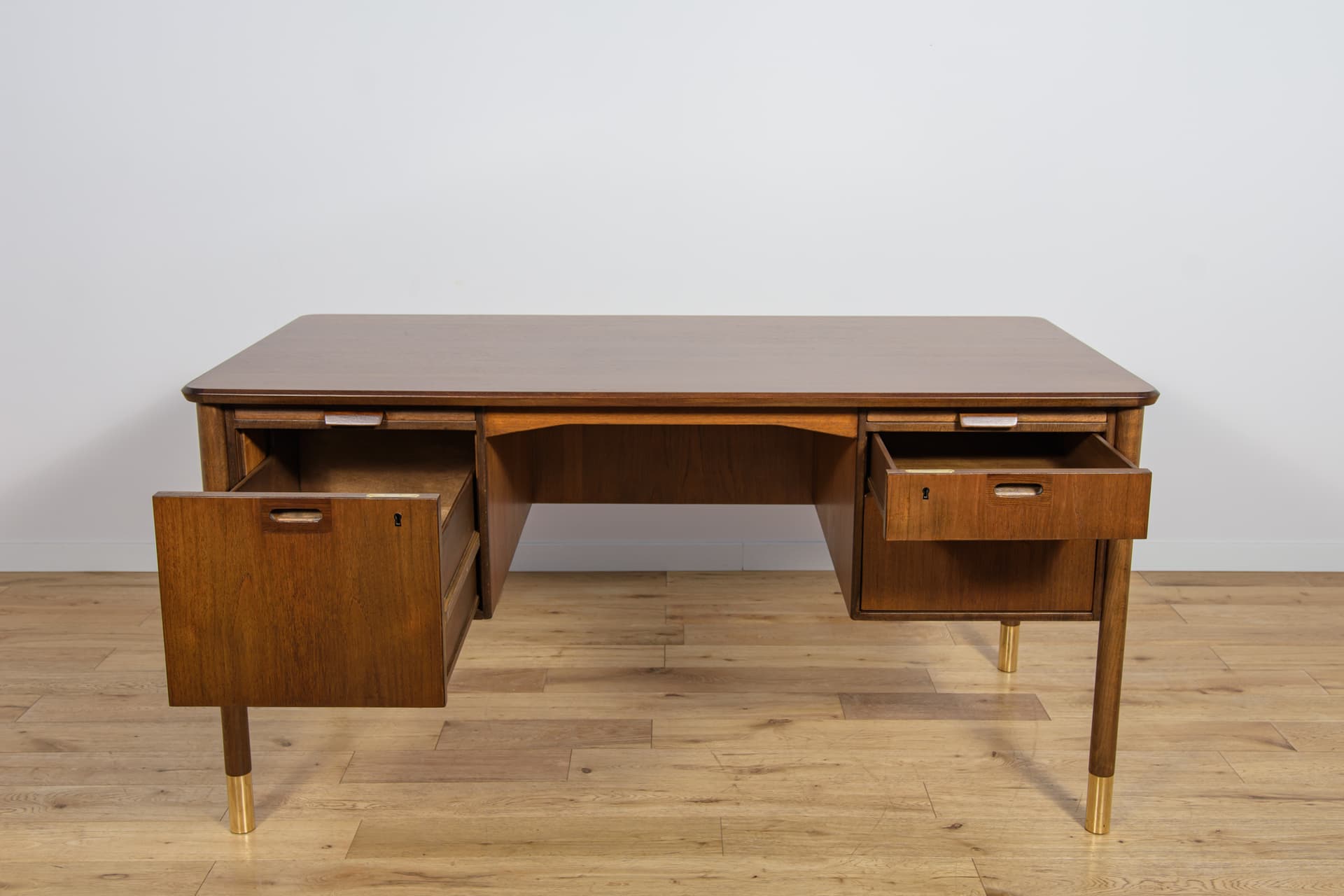 Desk, brown walnut, gold brass, by S. Blomberg, Sweden, 1960s. - 292244