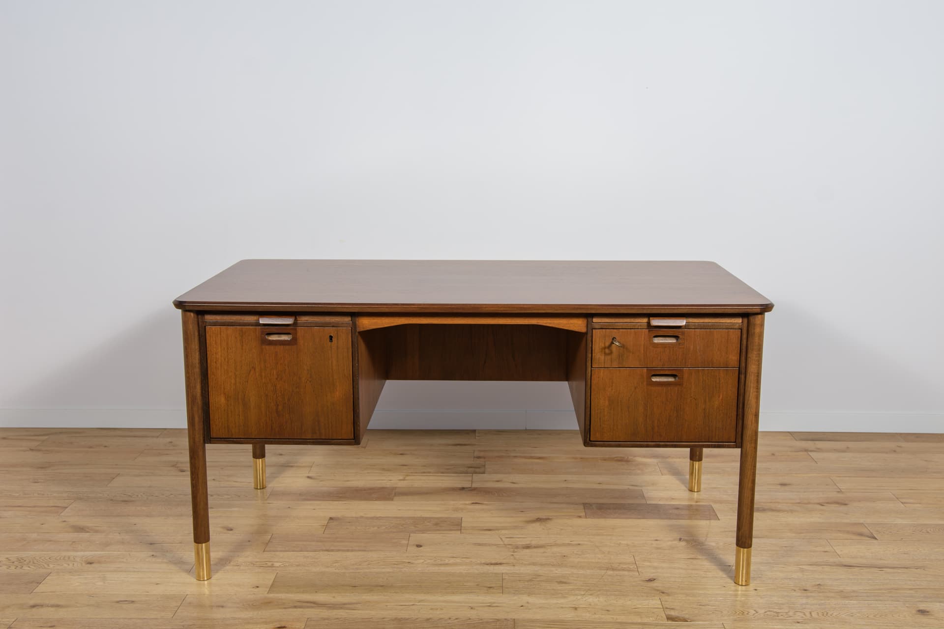 Desk, brown walnut, gold brass, by S. Blomberg, Sweden, 1960s. - 292237