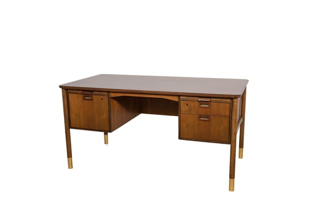 Desk, brown walnut, gold brass, by S. Blomberg, Sweden, 1960s. - DIMENSION