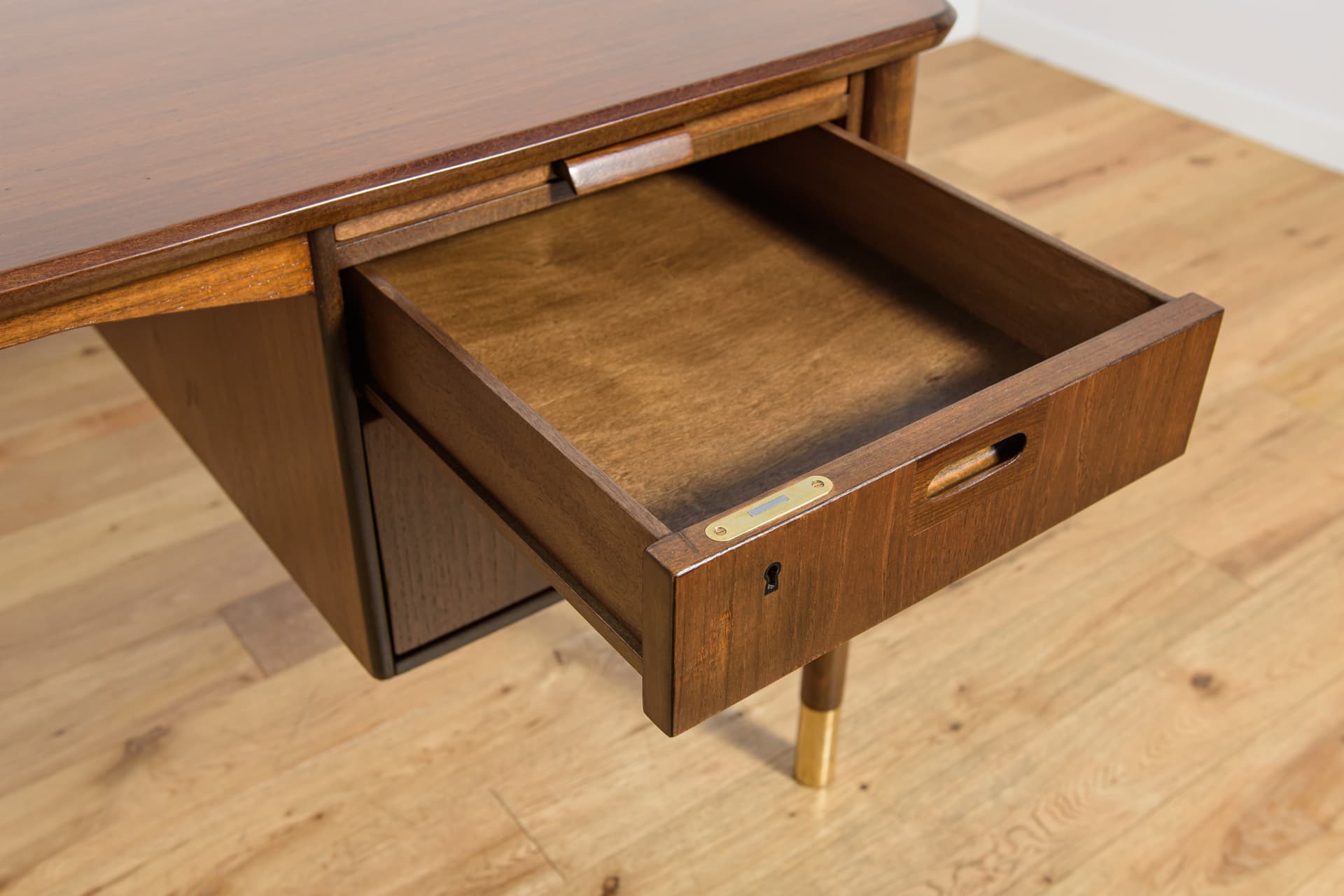 Desk, brown walnut, gold brass, by S. Blomberg, Sweden, 1960s. - 292246
