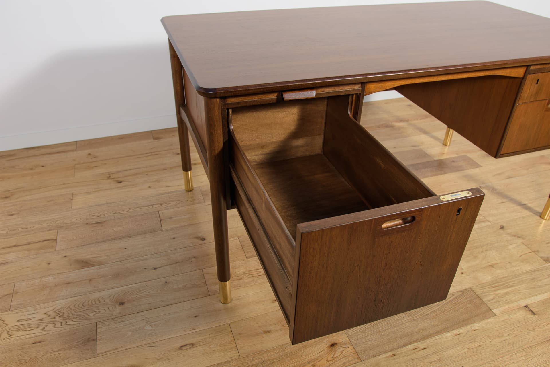 Desk, brown walnut, gold brass, by S. Blomberg, Sweden, 1960s. - 292245