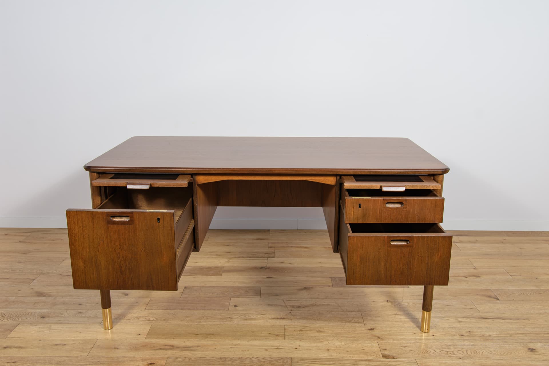 Desk, brown walnut, gold brass, by S. Blomberg, Sweden, 1960s. - 292242