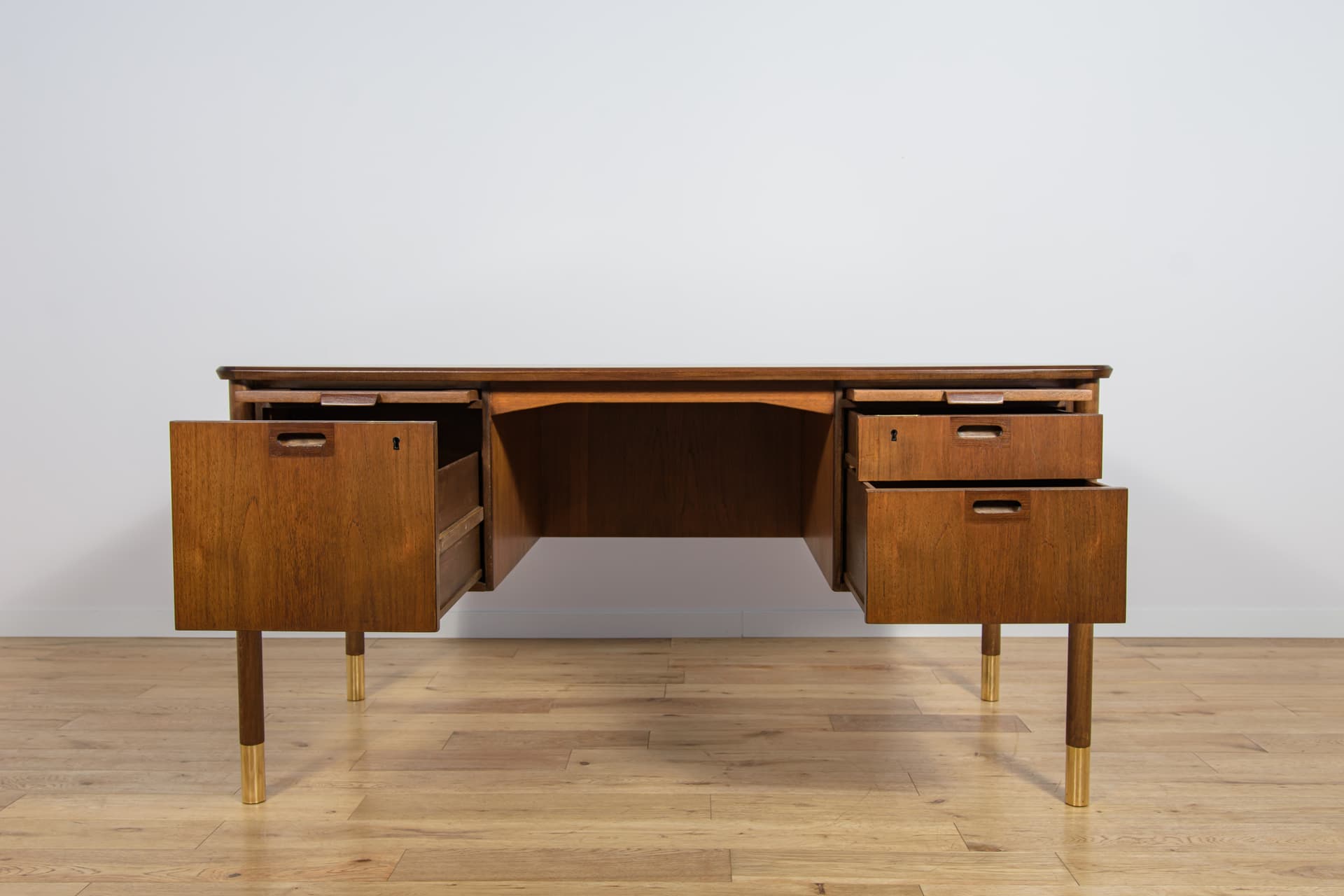 Desk, brown walnut, gold brass, by S. Blomberg, Sweden, 1960s. - 292243