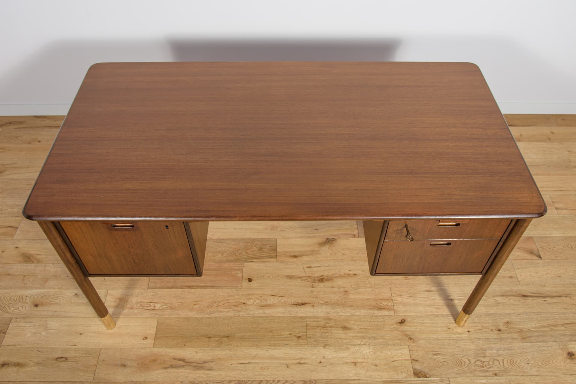 Desk, brown walnut, gold brass, by S. Blomberg, Sweden, 1960s. - 292238