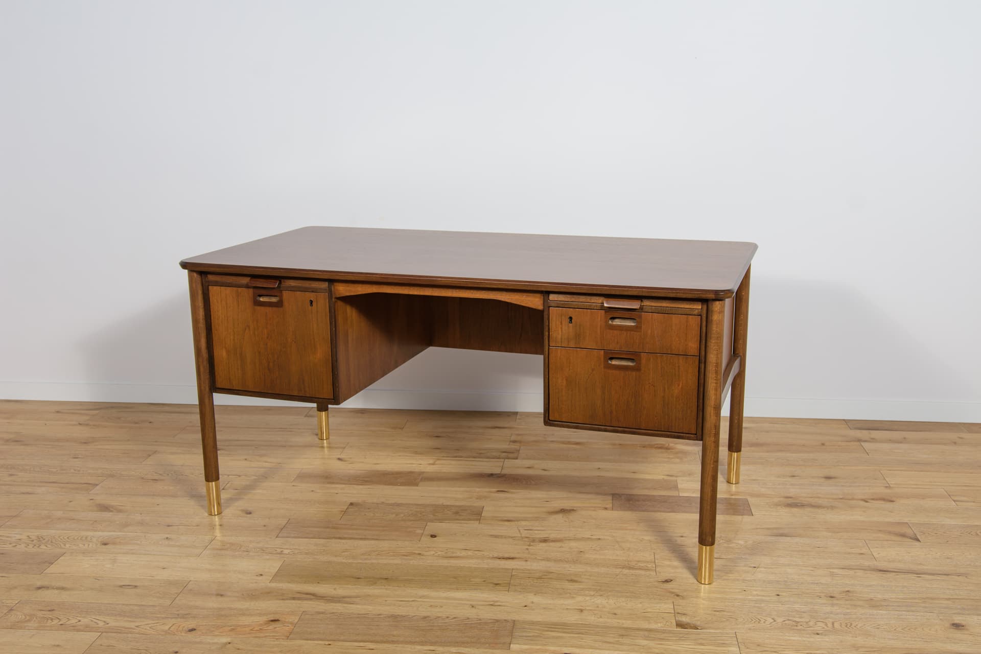Desk, brown walnut, gold brass, by S. Blomberg, Sweden, 1960s. - 292236