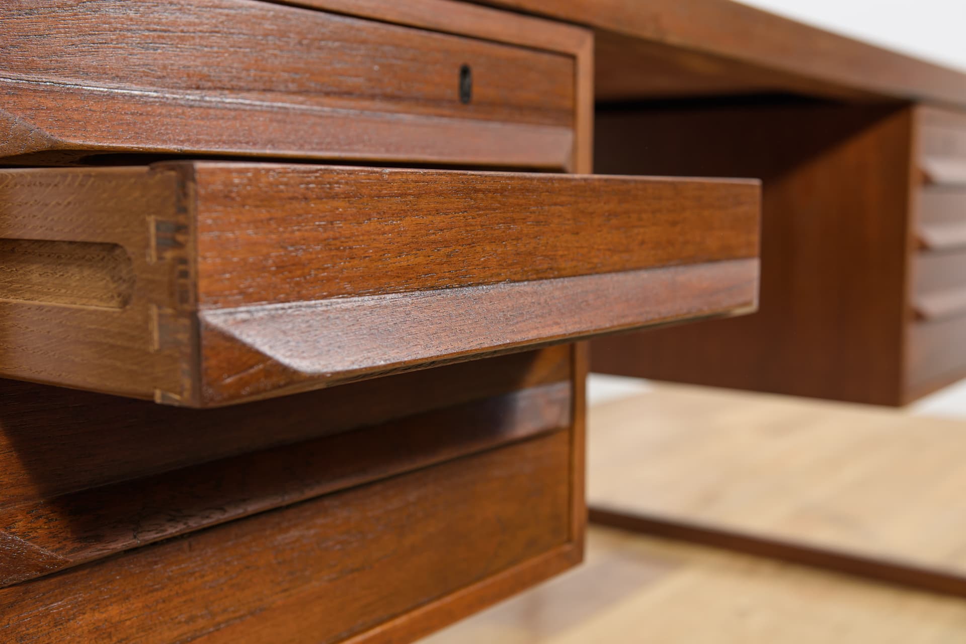Desk Model 70, brown teak, by K. Kristiansen, Feldballes Møbelfabrik, Denmark, 1960s. - 292308