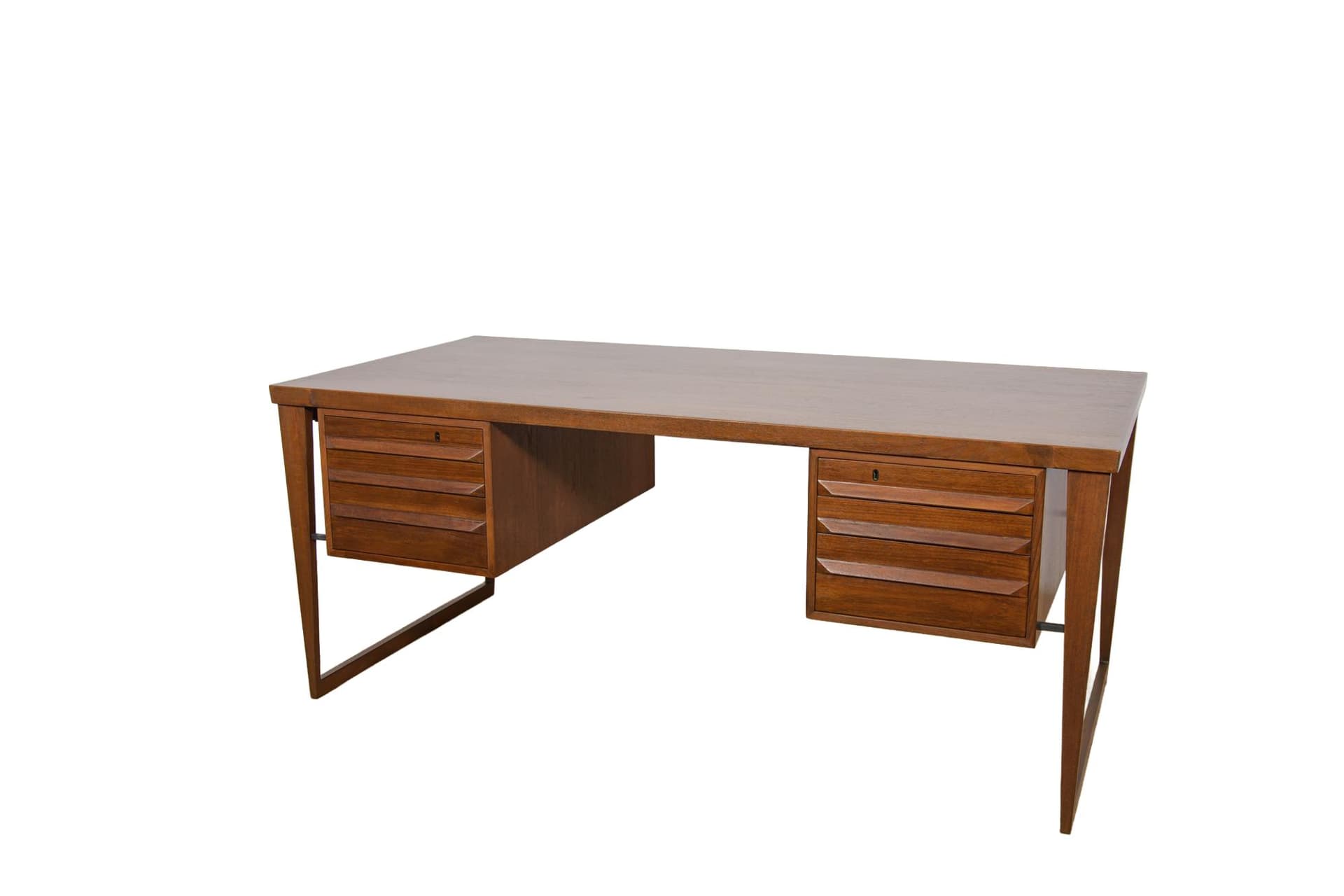 Desk Model 70, brown teak, by K. Kristiansen, Feldballes Møbelfabrik, Denmark, 1960s.