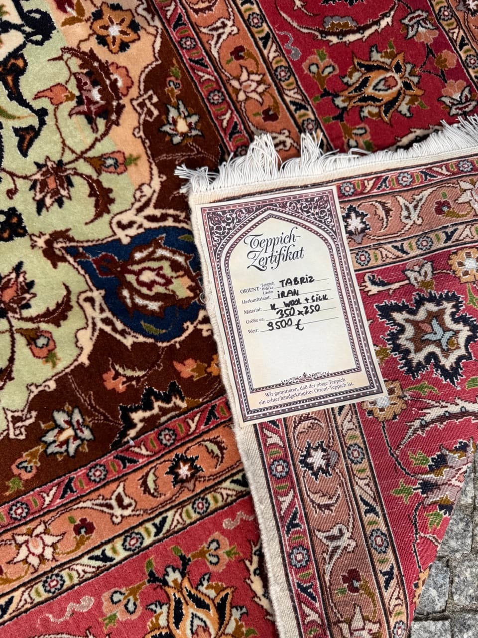 Dywan perski Tabriz, 350x250 cm, beżowy czerwony niebieski brązowy złoty czarny, wełna jedwab, Iran - 292376