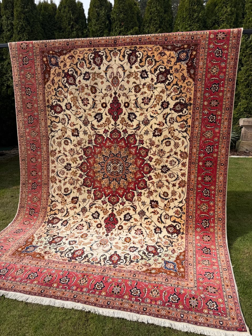 Dywan perski Tabriz, 350x250 cm, beżowy czerwony niebieski brązowy złoty czarny, wełna jedwab, Iran - 292362