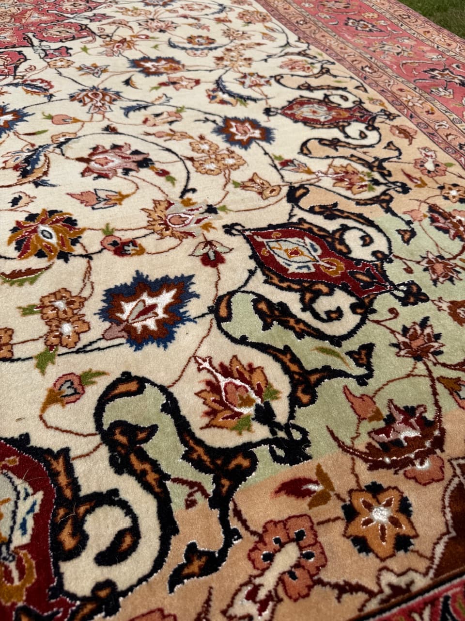 Dywan perski Tabriz, 350x250 cm, beżowy czerwony niebieski brązowy złoty czarny, wełna jedwab, Iran - 292371