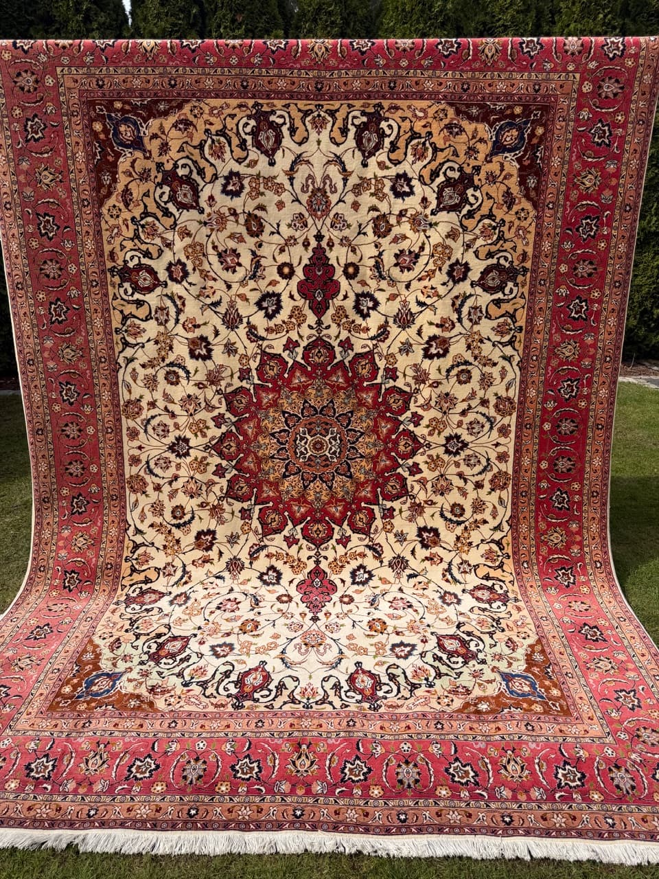 Dywan perski Tabriz, 350x250 cm, beżowy czerwony niebieski brązowy złoty czarny, wełna jedwab, Iran - 292363