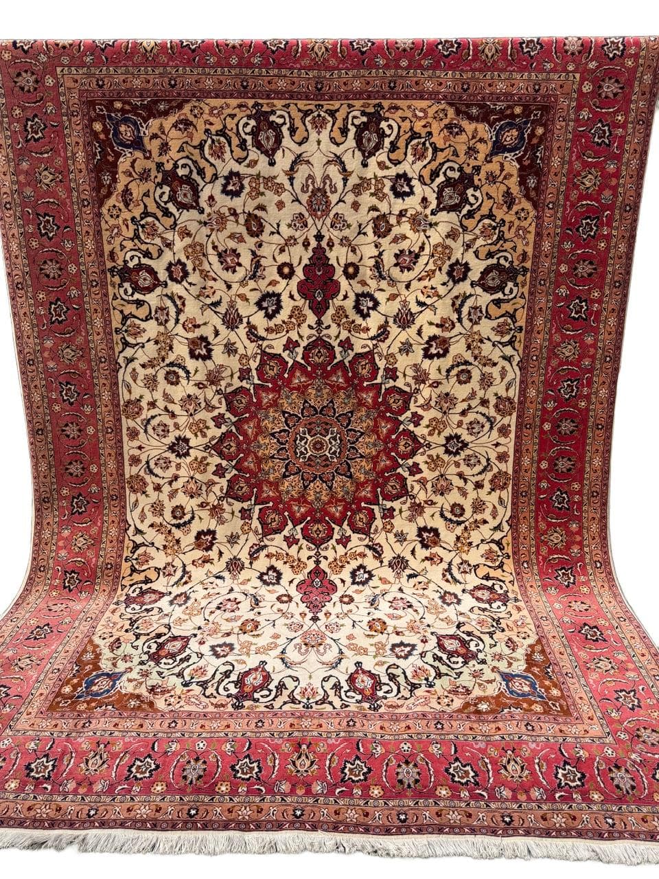 Dywan perski Tabriz, 350x250 cm, beżowy czerwony niebieski brązowy złoty czarny, wełna jedwab, Iran