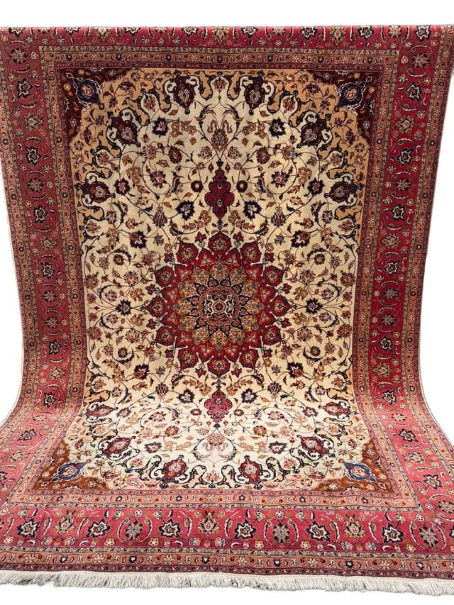 Dywan perski Tabriz, 350x250 cm, beżowy czerwony niebieski brązowy złoty czarny, wełna jedwab, Iran - WYMIARY