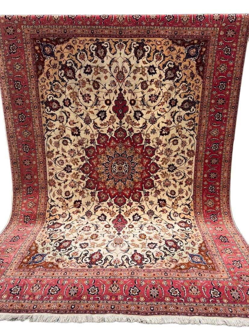 Dywan perski Tabriz, 350x250 cm, beżowy czerwony niebieski brązowy złoty czarny, wełna jedwab, Iran