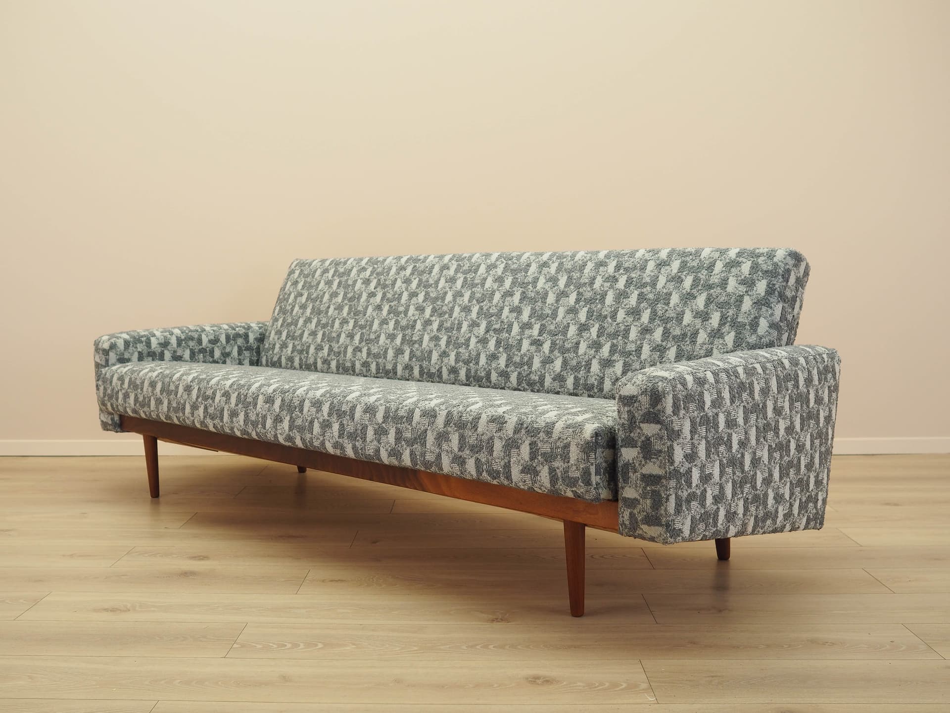 Sofa bed, grey white fabric, brown wood, Denmark, 1970s. - 292436