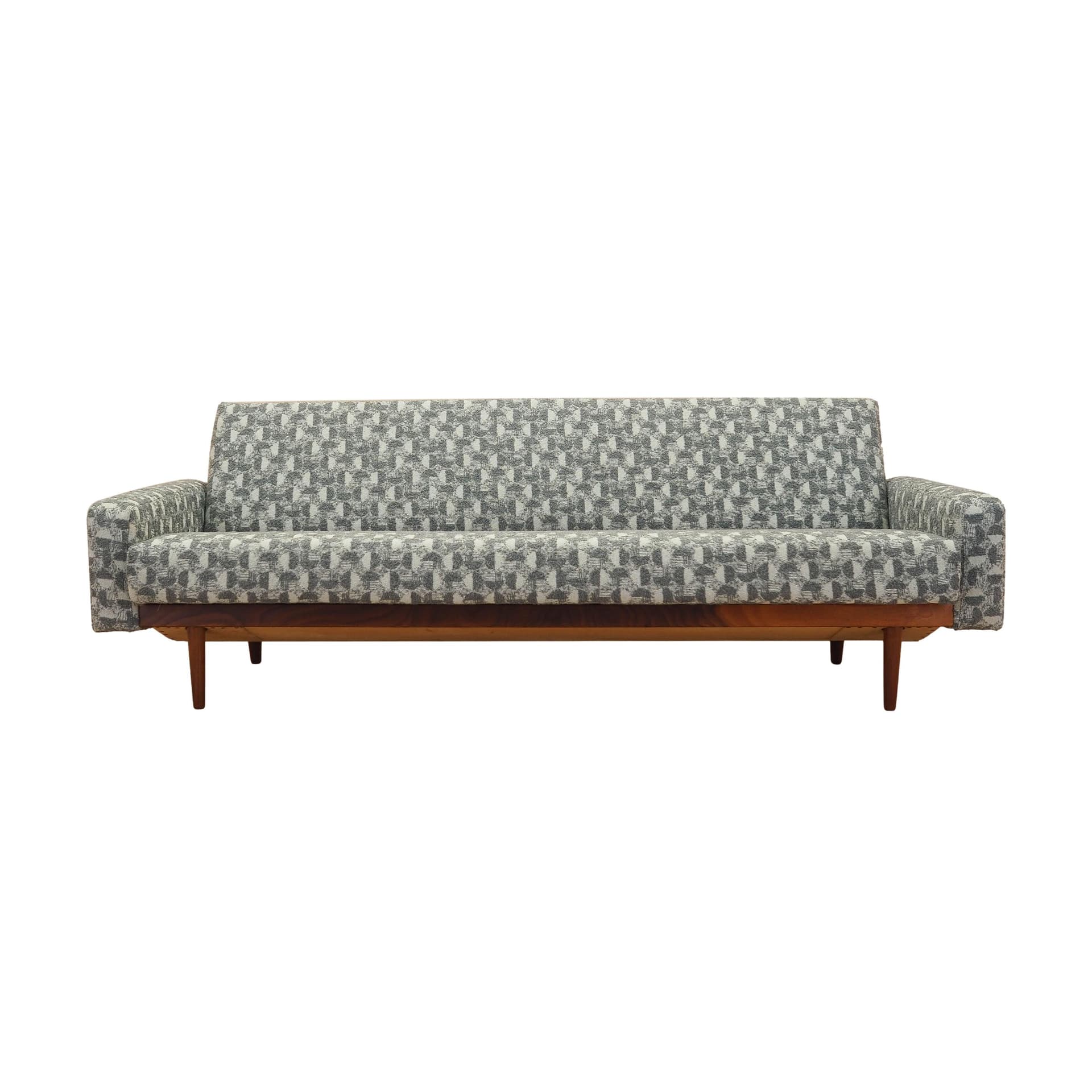 Sofa bed, grey white fabric, brown wood, Denmark, 1970s.
