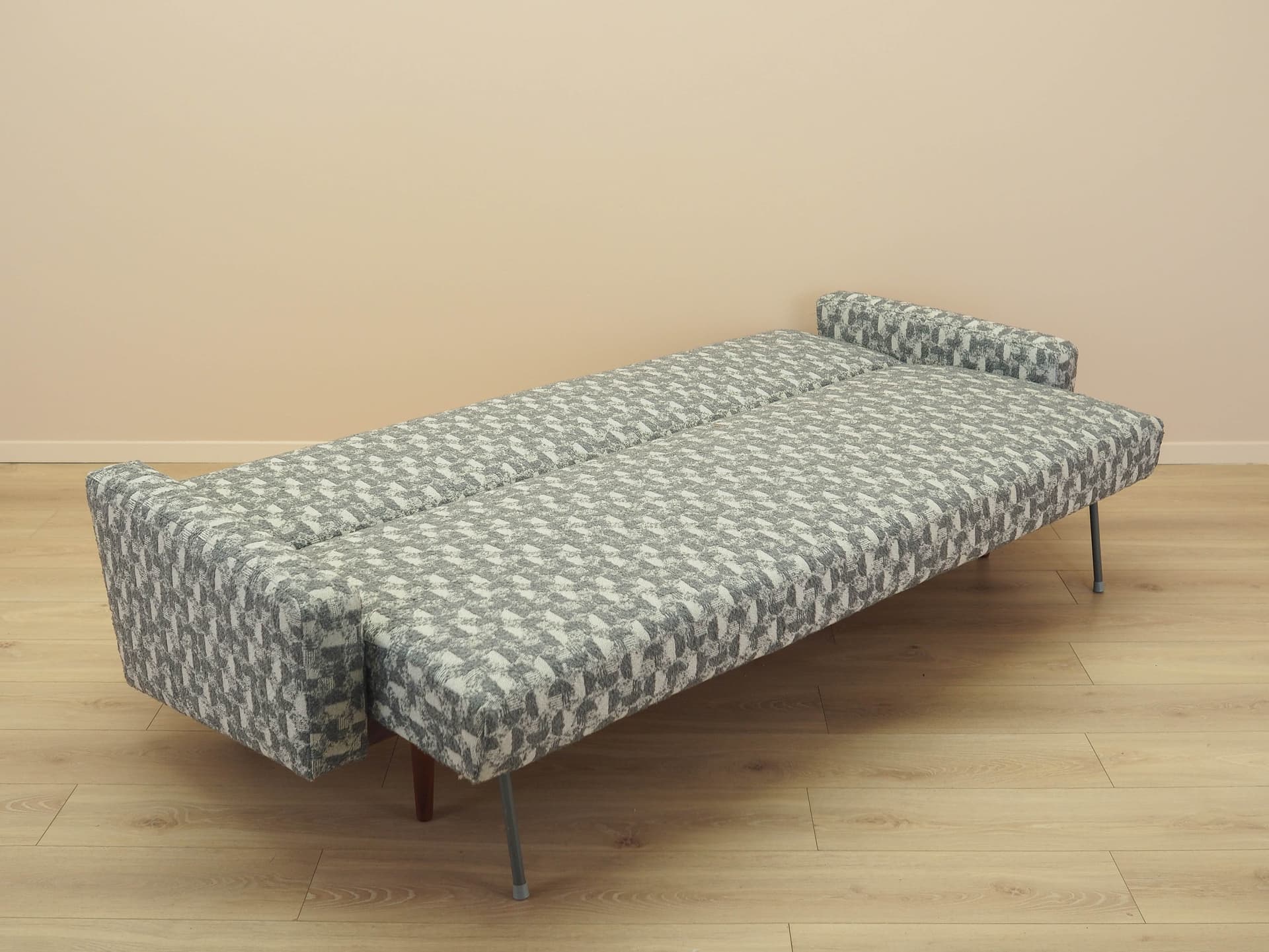 Sofa bed, grey white fabric, brown wood, Denmark, 1970s. - 292440
