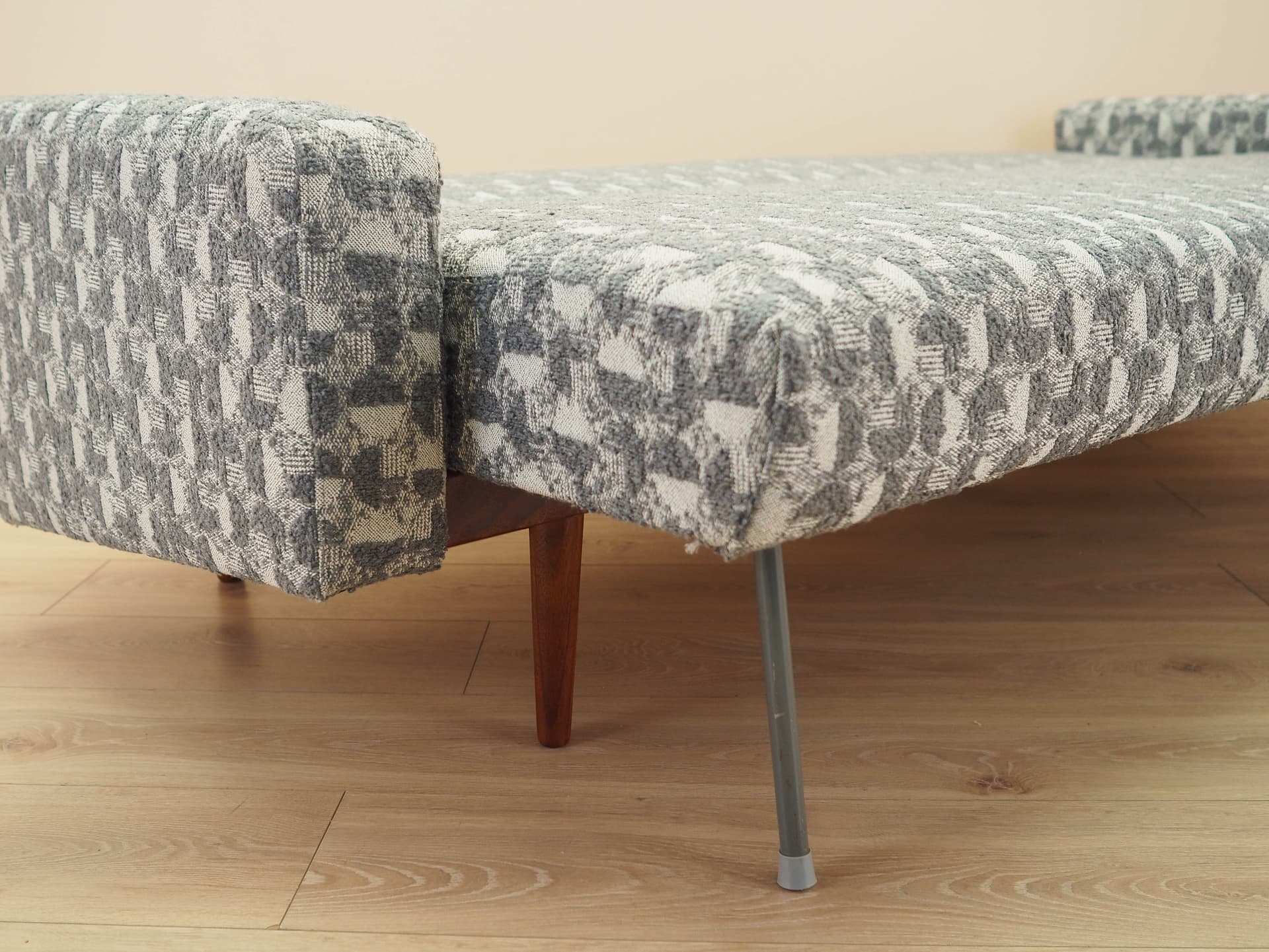 Sofa bed, grey white fabric, brown wood, Denmark, 1970s. - 292442