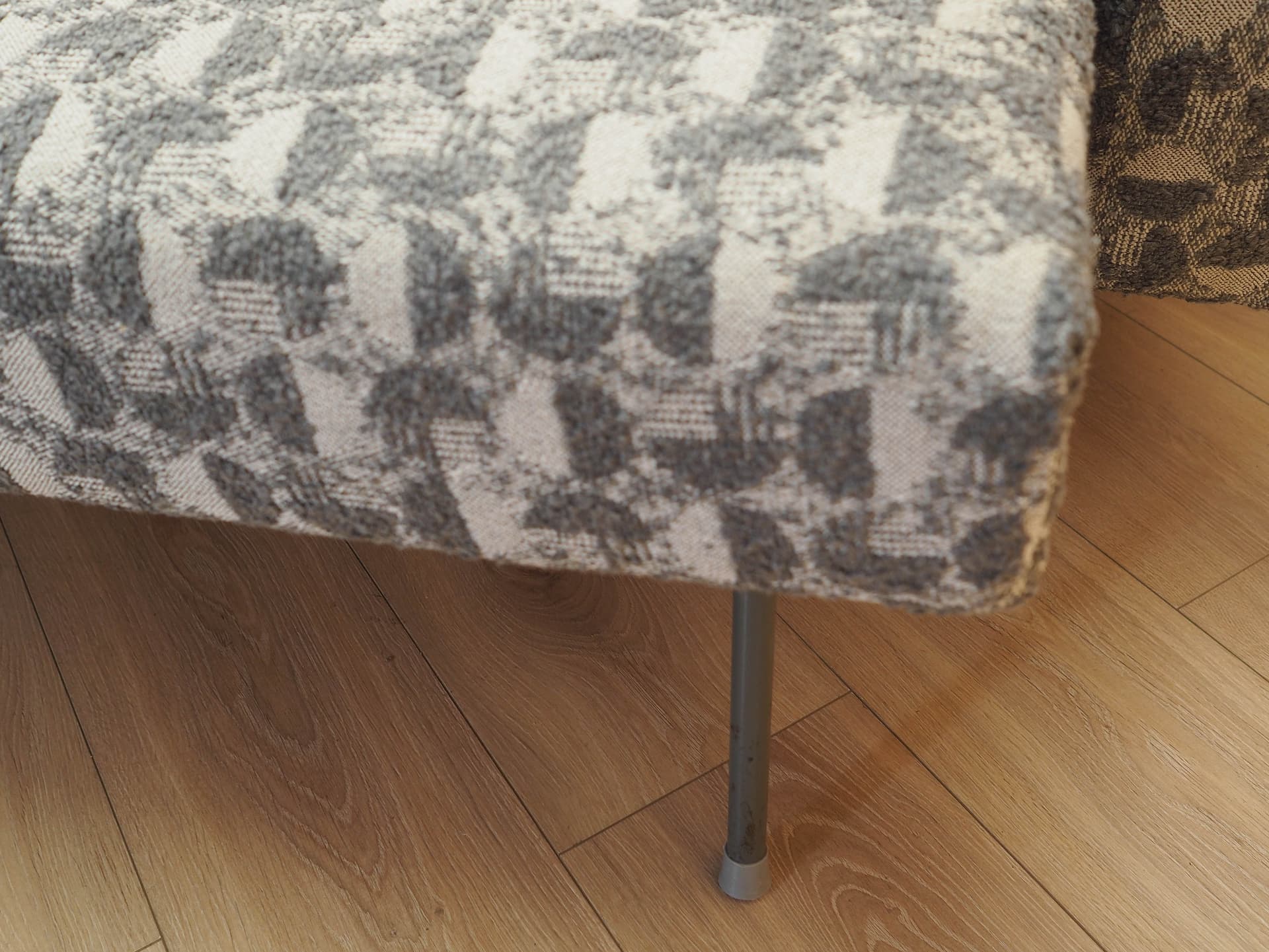 Sofa bed, grey white fabric, brown wood, Denmark, 1970s. - 292443