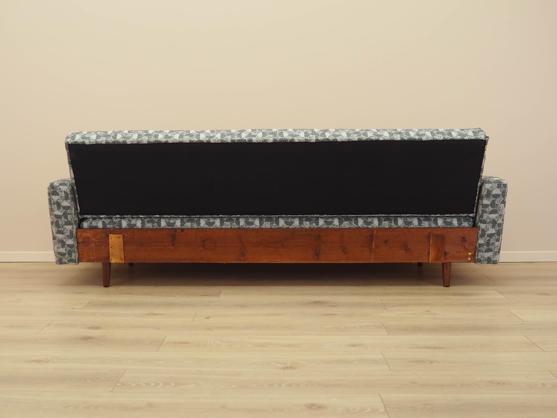 Sofa bed, grey white fabric, brown wood, Denmark, 1970s. - 292439