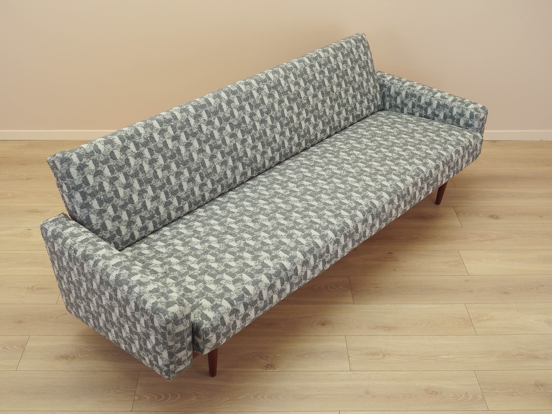 Sofa bed, grey white fabric, brown wood, Denmark, 1970s. - 292441