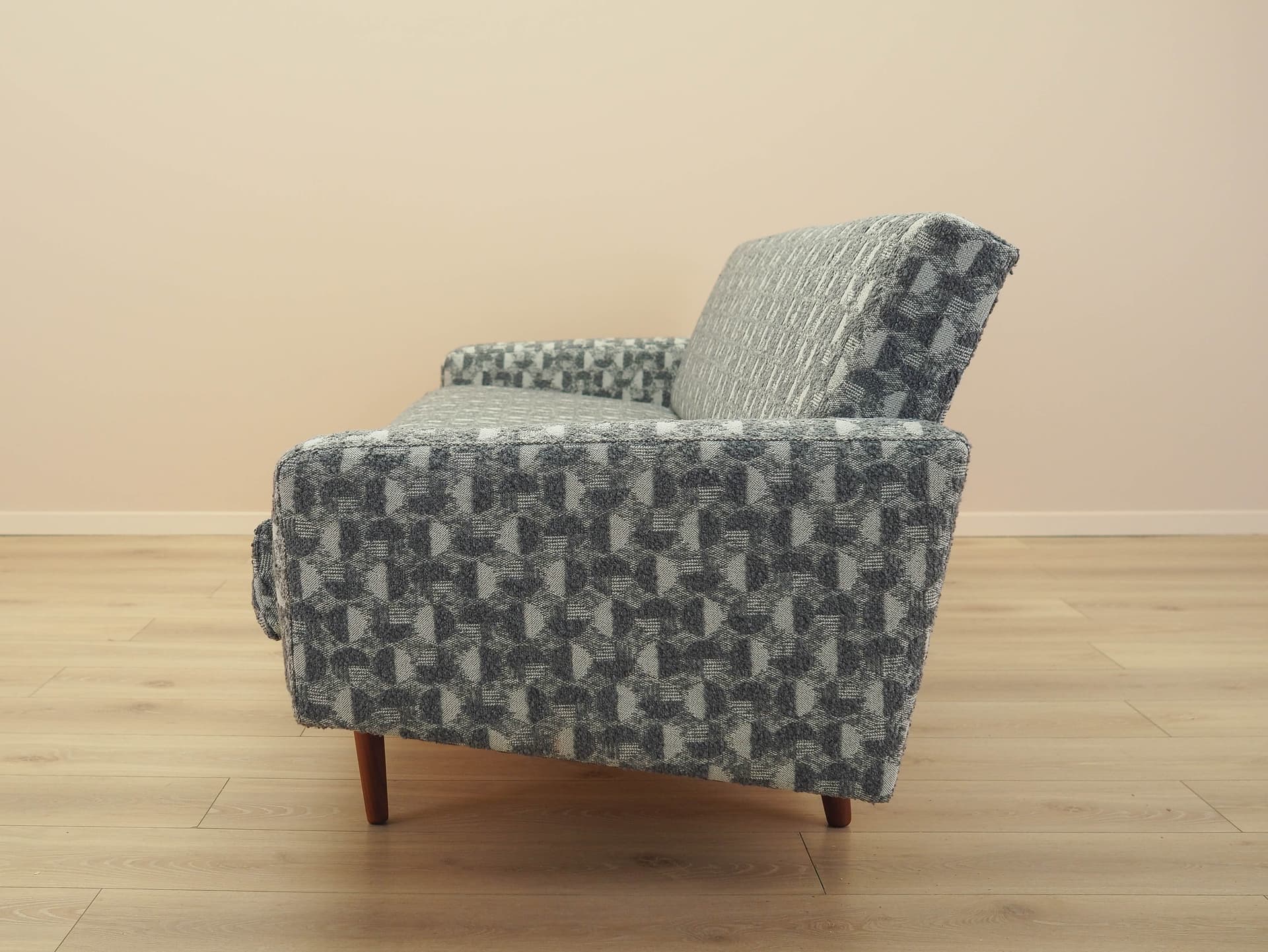 Sofa bed, grey white fabric, brown wood, Denmark, 1970s. - 292437