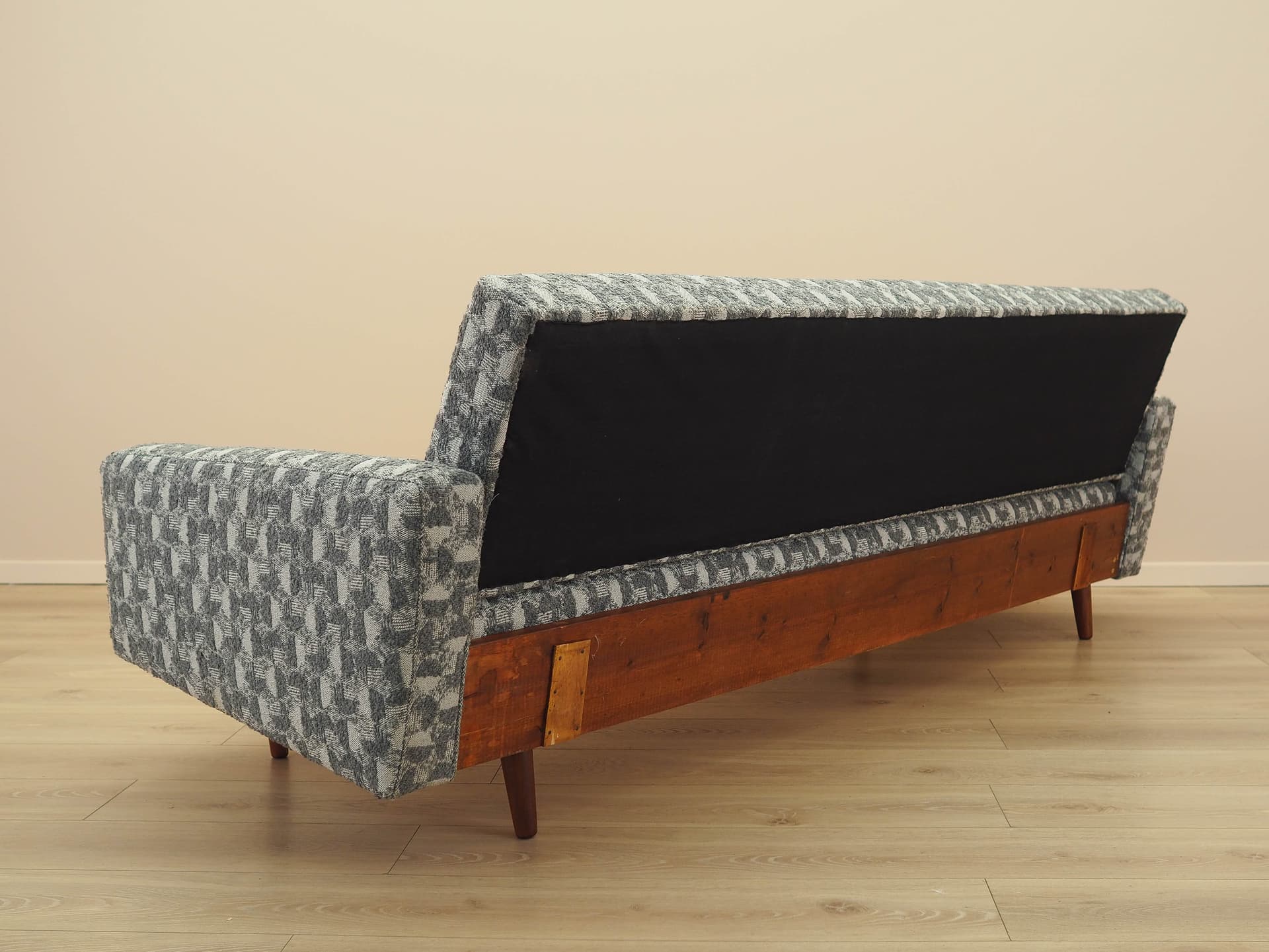 Sofa bed, grey white fabric, brown wood, Denmark, 1970s. - 292438