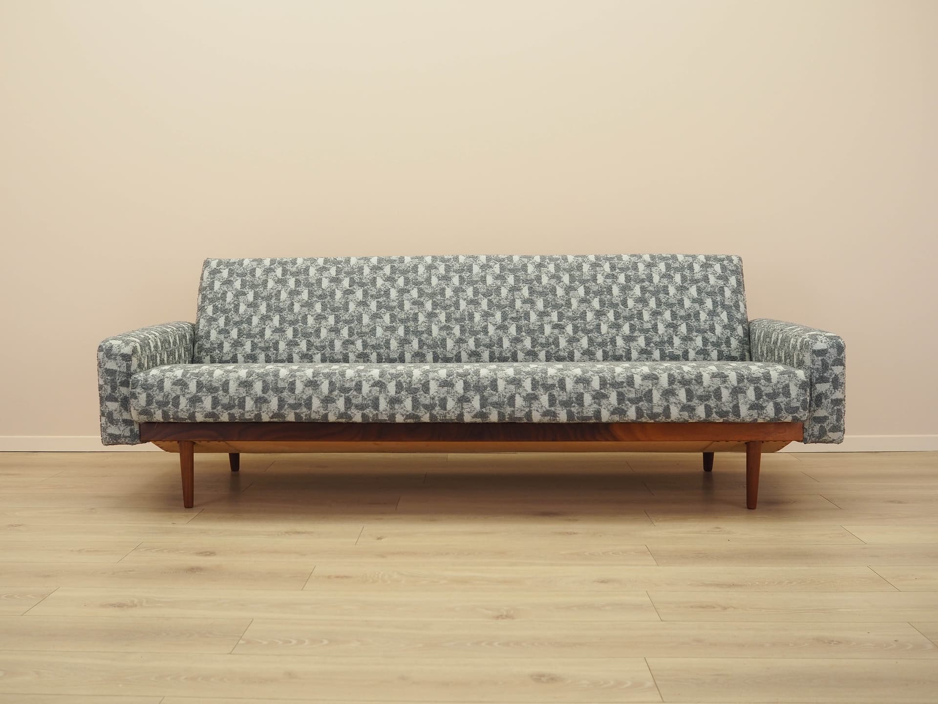 Sofa bed, grey white fabric, brown wood, Denmark, 1970s. - 292435