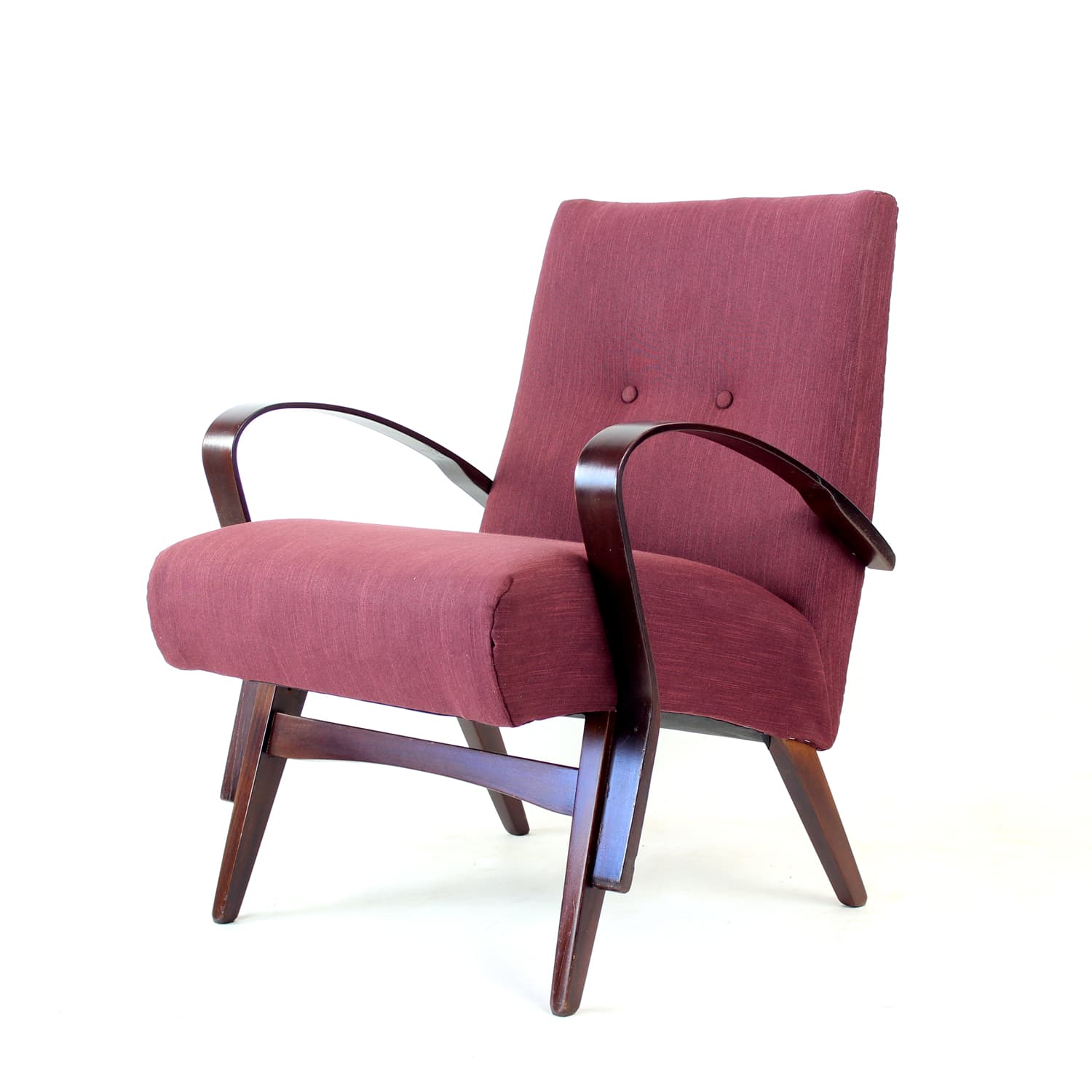 Fotel, purpurowa tkanina, dąb ciemnobrązowy, proj. J. Šmídek, TON, Czechosłowacja, lata 60. - 293538