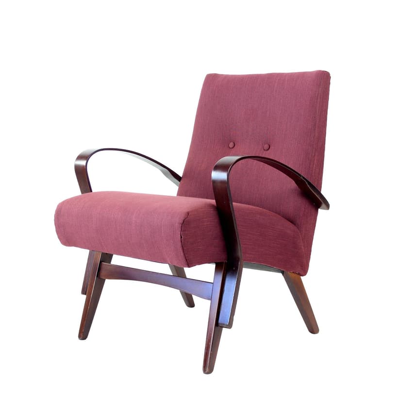 Fotel, purpurowa tkanina, dąb ciemnobrązowy, proj. J. Šmídek, TON, Czechosłowacja, lata 60.