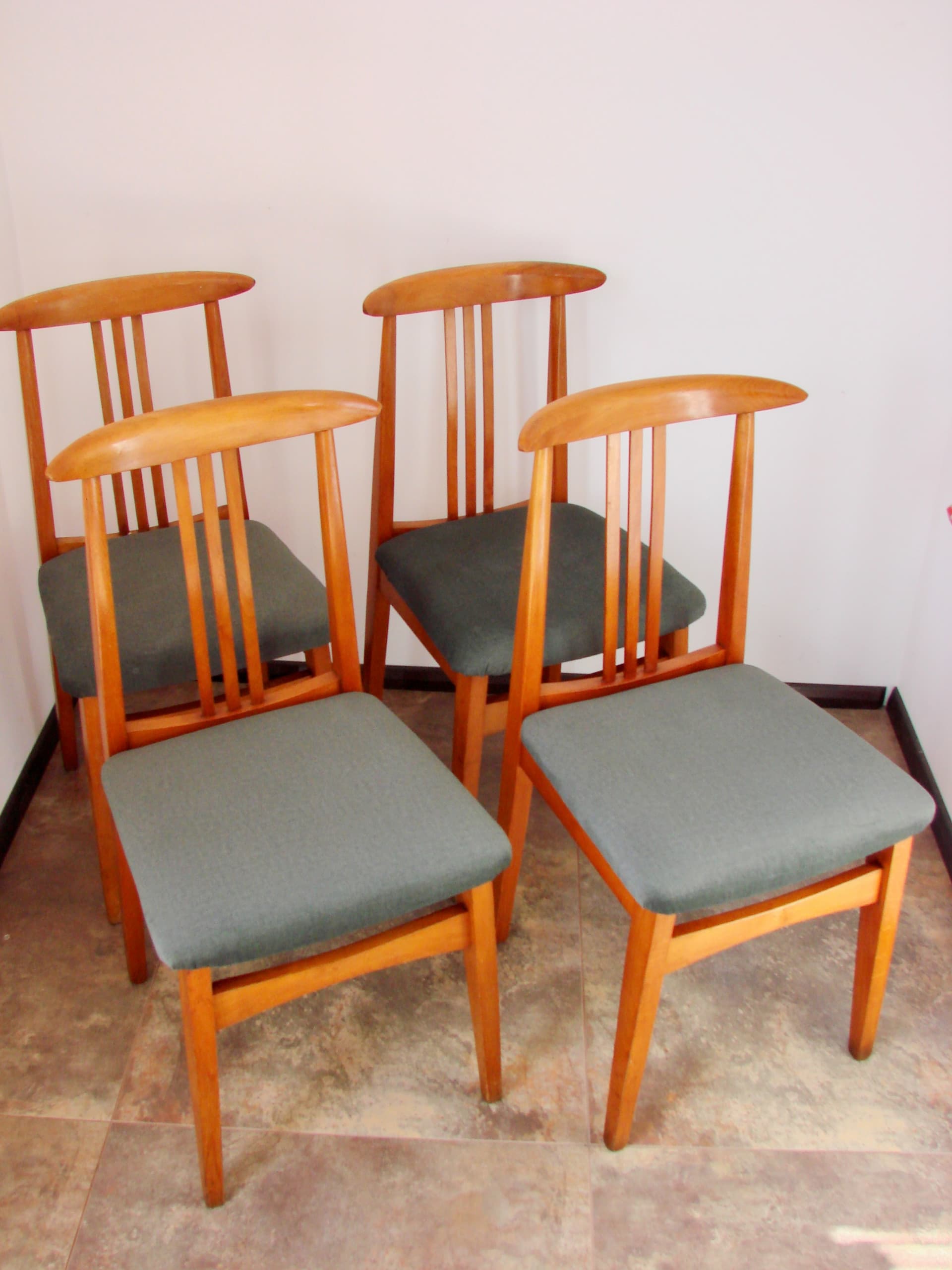 Set of four chairs, brown wood, grey wool, Poland, 1970s - 293580