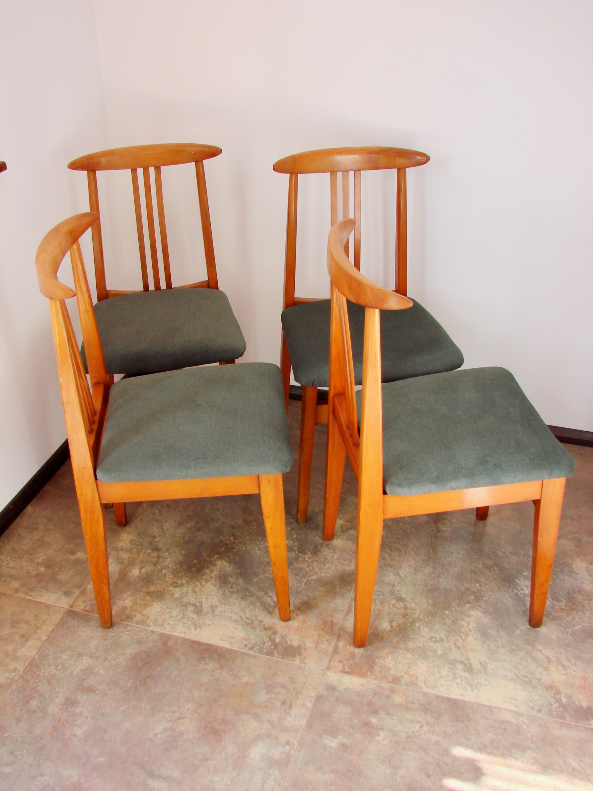 Set of four chairs, brown wood, grey wool, Poland, 1970s - 293584