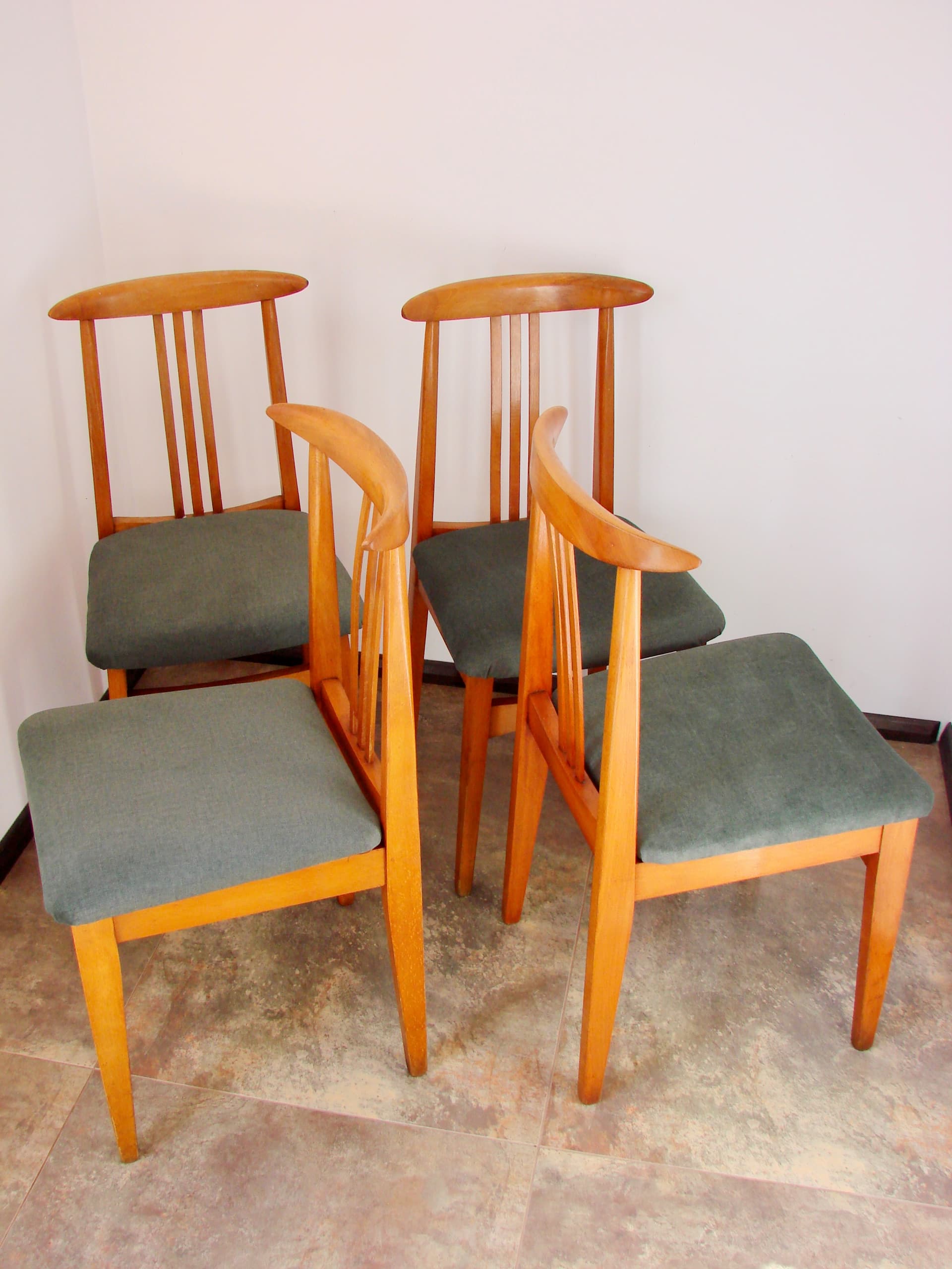 Set of four chairs, brown wood, grey wool, Poland, 1970s - 293583