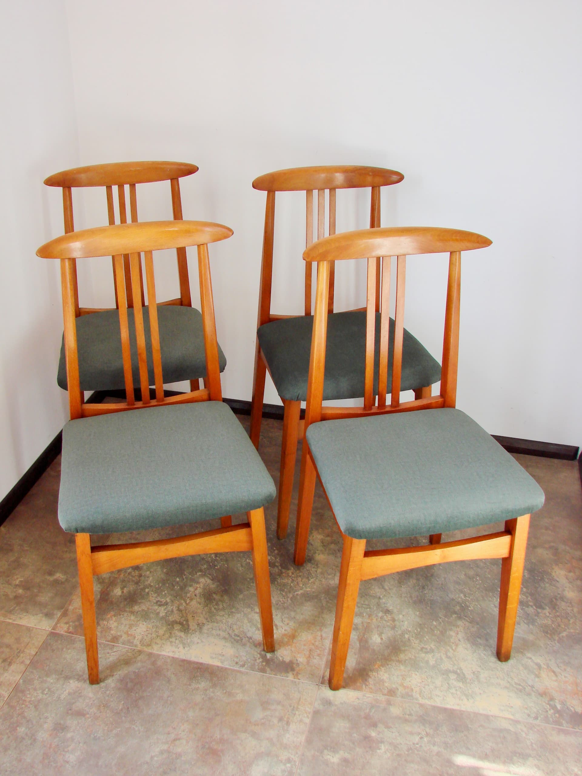 Set of four chairs, brown wood, grey wool, Poland, 1970s - 293582