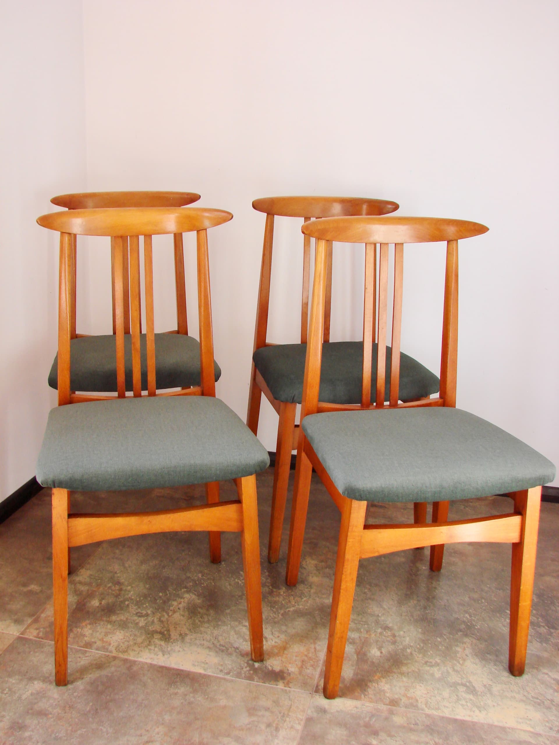Set of four chairs, brown wood, grey wool, Poland, 1970s - 293581
