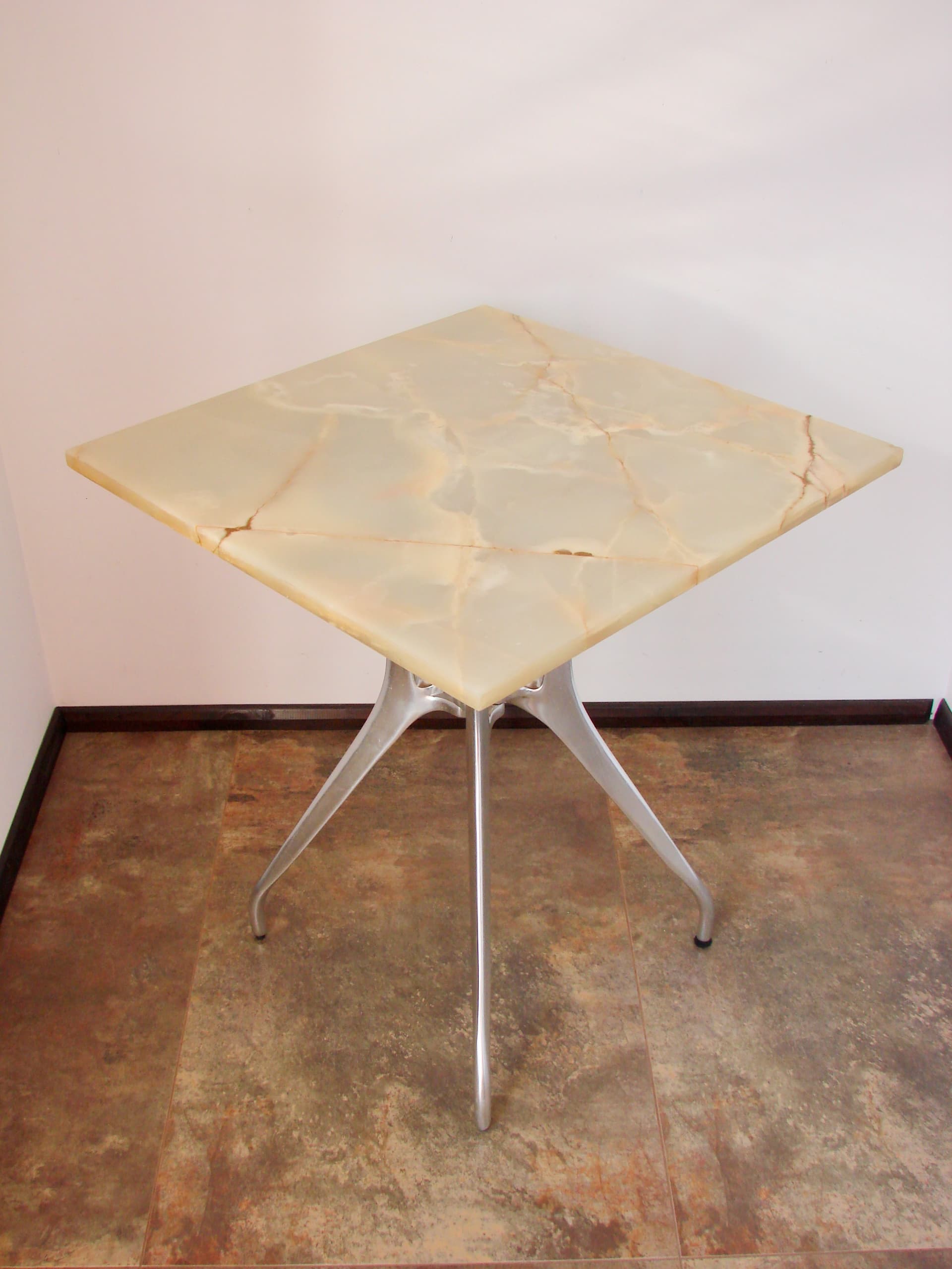 Modernist Table, beige stone, brown aluminium, 1970s - 293594