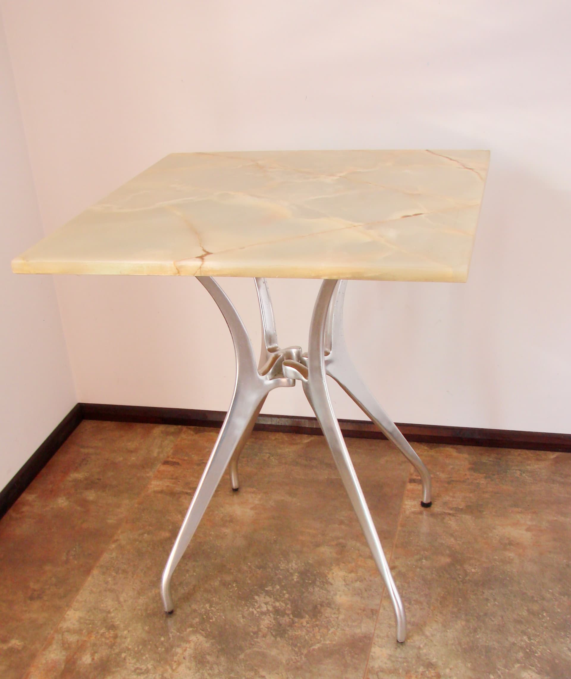 Modernist Table, beige stone, brown aluminium, 1970s - 293592
