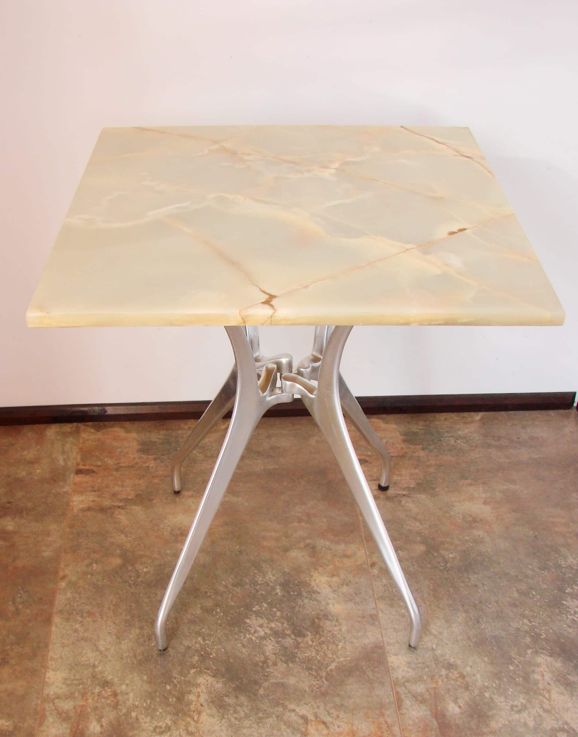 Modernist Table, beige stone, brown aluminium, 1970s - 293588