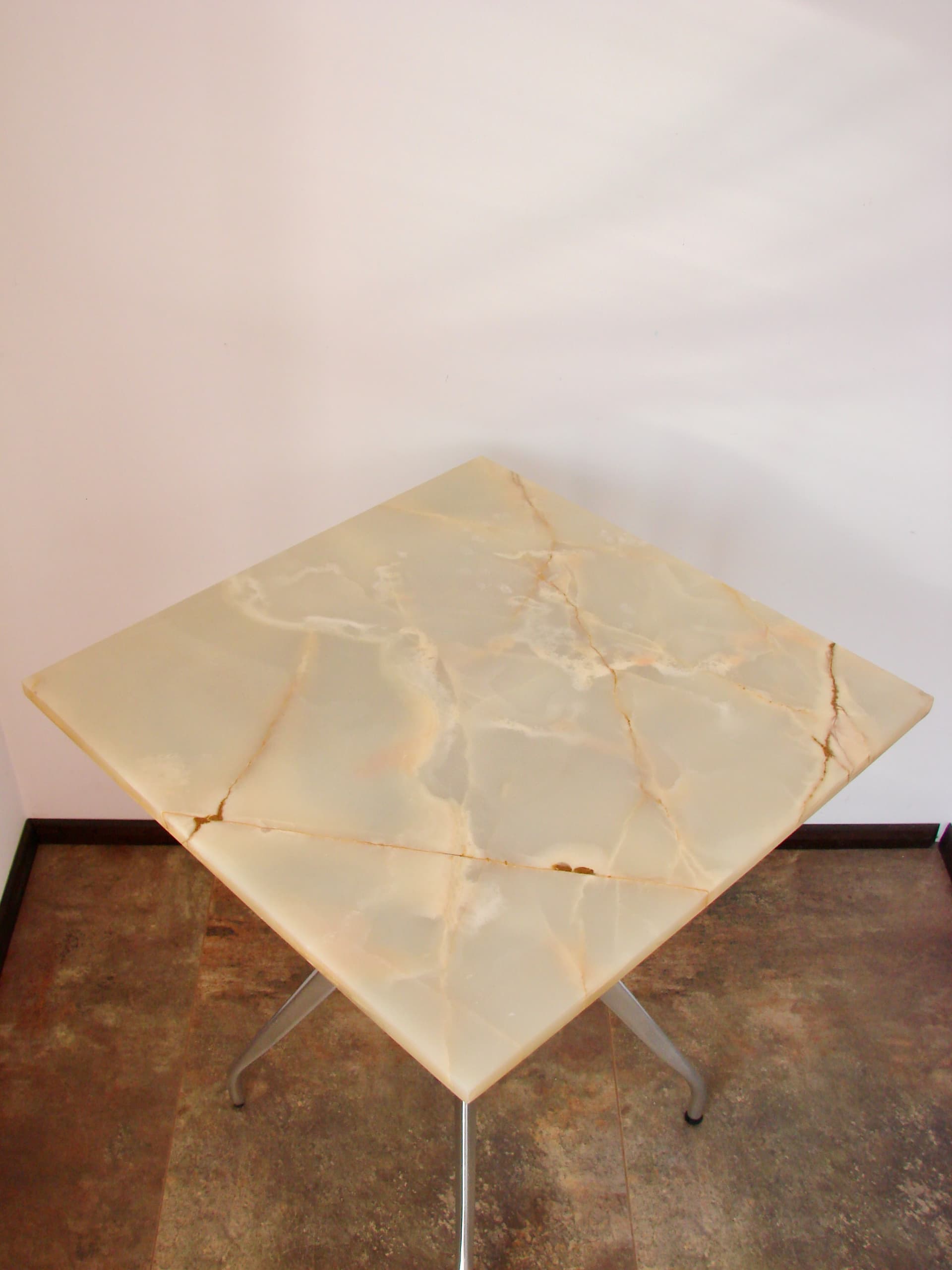 Modernist Table, beige stone, brown aluminium, 1970s - 293591