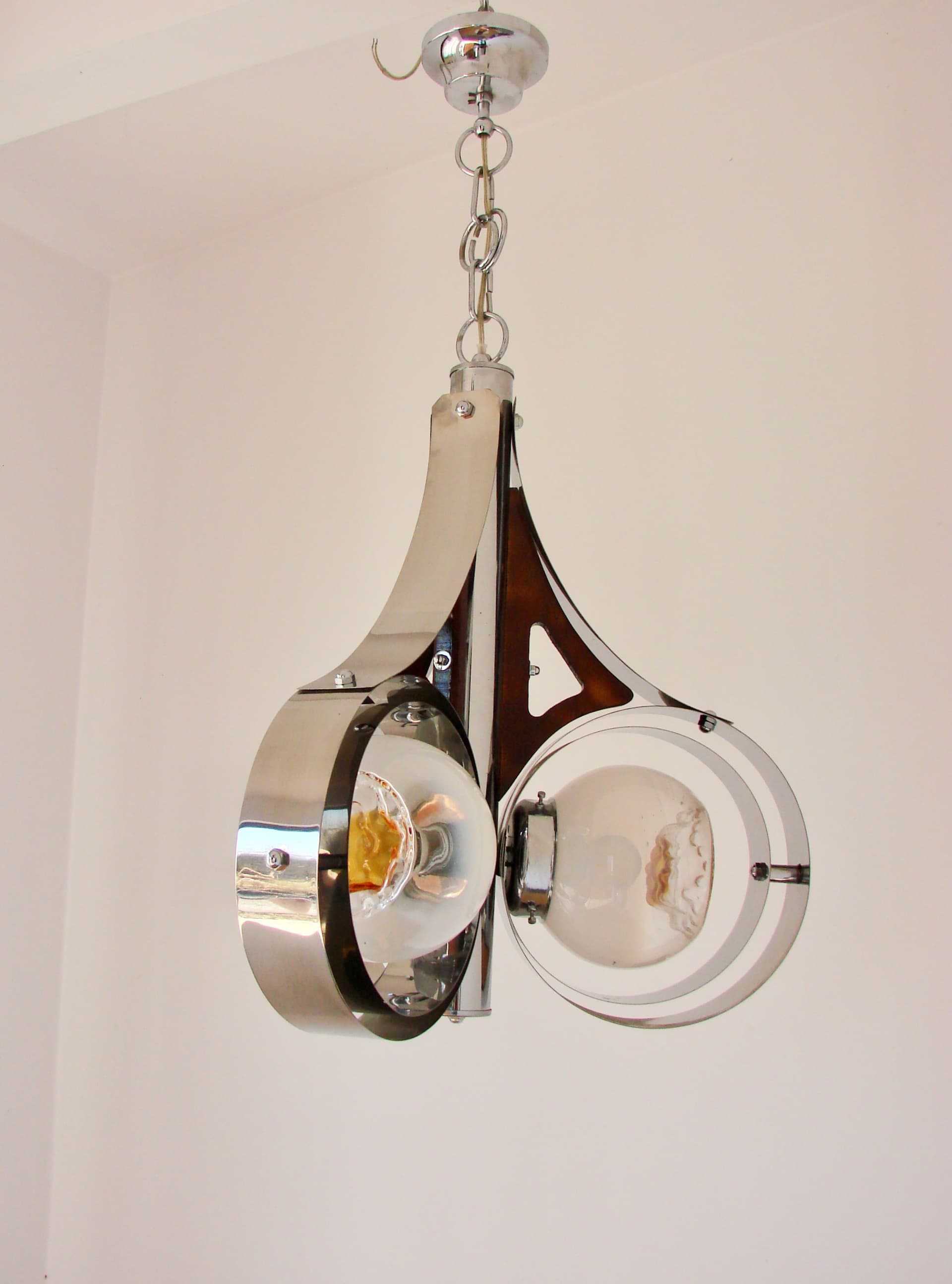 Pendant Lamp Space Age, Murano glass milky white, chrome-plated steel silver, Mazzega, Italy, 1970s. - 293608
