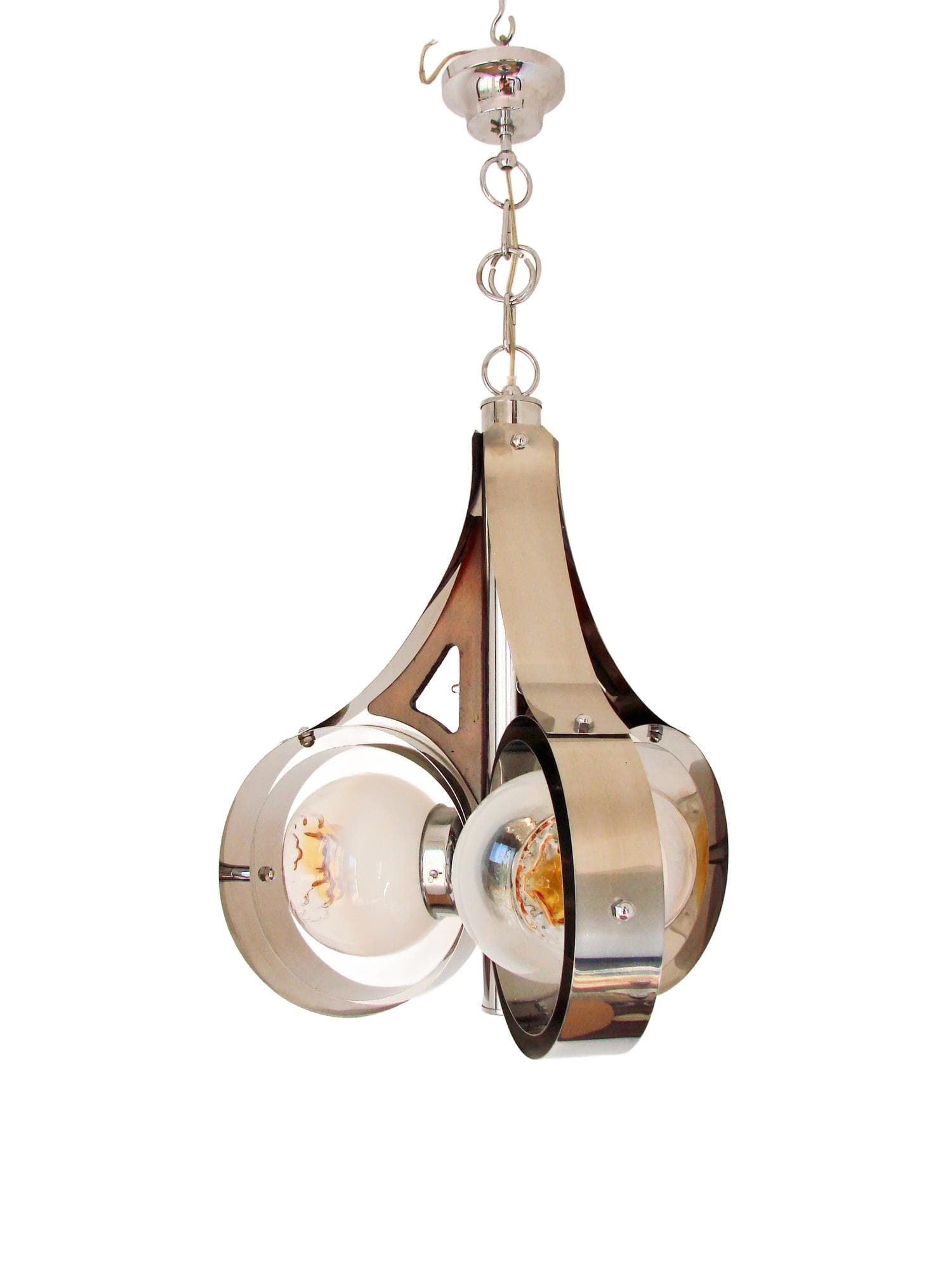 Pendant Lamp Space Age, Murano glass milky white, chrome-plated steel silver, Mazzega, Italy, 1970s.