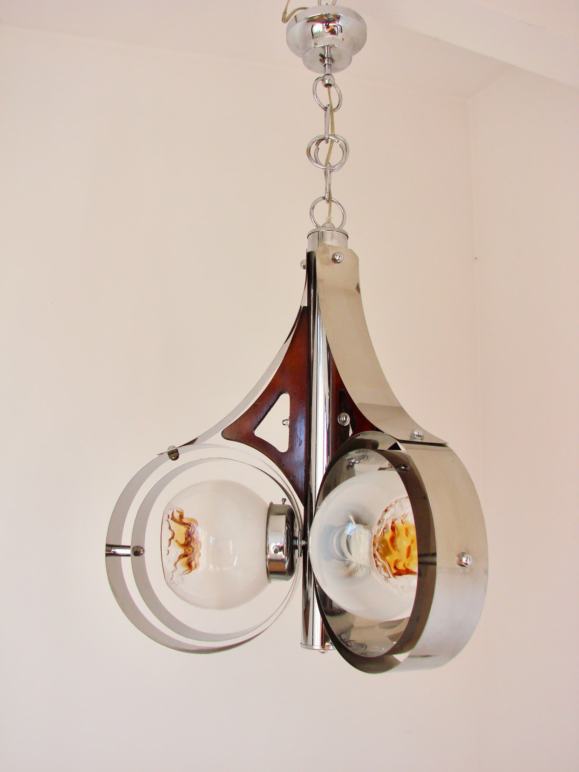 Pendant Lamp Space Age, Murano glass milky white, chrome-plated steel silver, Mazzega, Italy, 1970s. - 293610