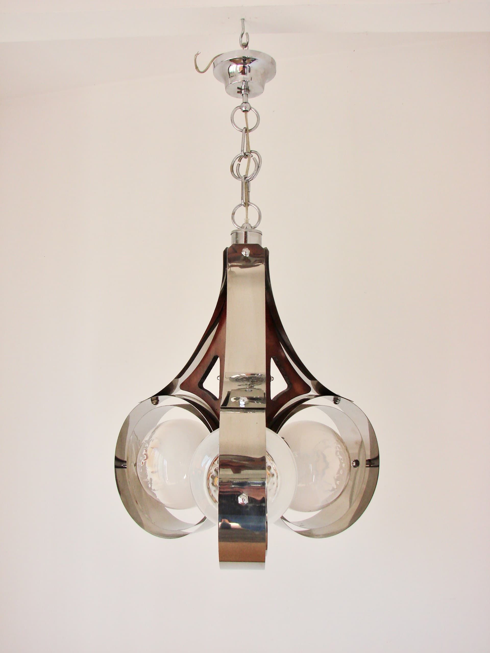 Pendant Lamp Space Age, Murano glass milky white, chrome-plated steel silver, Mazzega, Italy, 1970s. - 293605