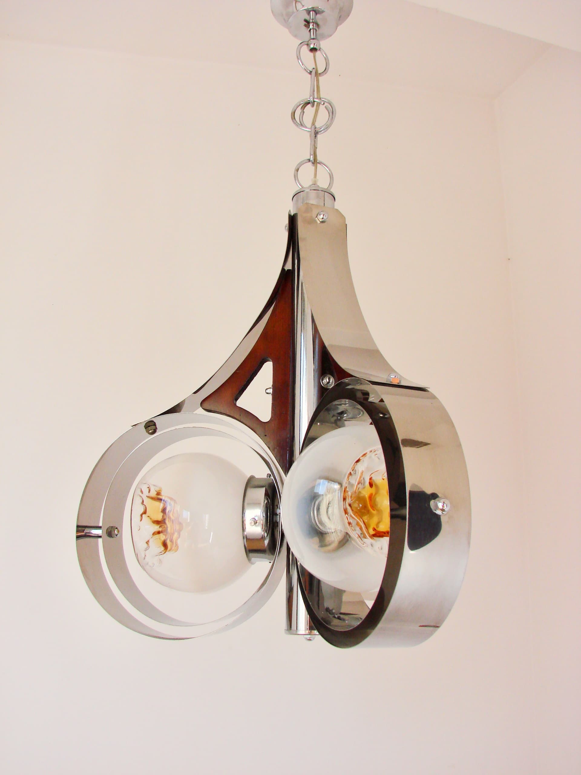 Pendant Lamp Space Age, Murano glass milky white, chrome-plated steel silver, Mazzega, Italy, 1970s. - 293611