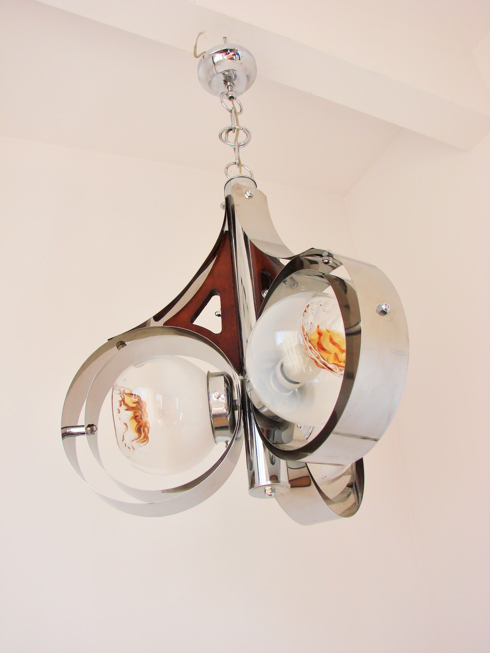 Pendant Lamp Space Age, Murano glass milky white, chrome-plated steel silver, Mazzega, Italy, 1970s. - 293603